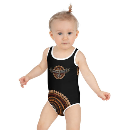 Eagle Strength Girls’ Black Swimsuit – Strength, Resilience, and Active Comfort - Aboriginal Art by Lani