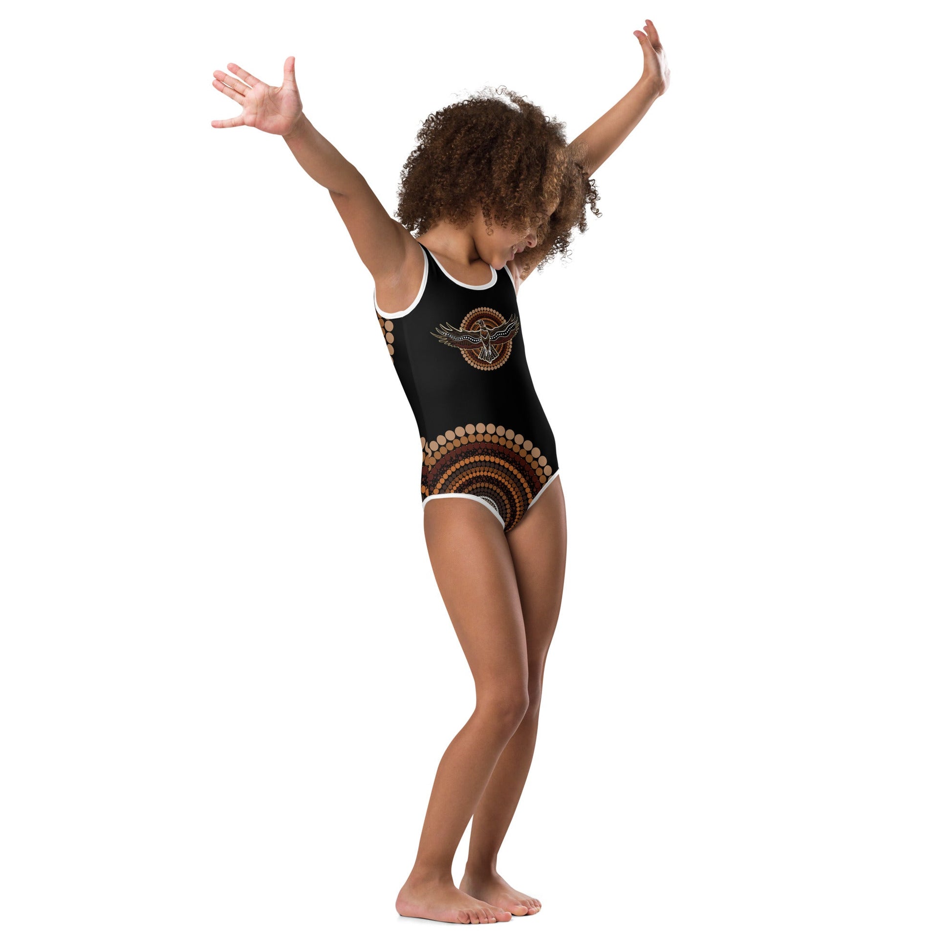 Eagle Strength Girls’ Black Swimsuit – Strength, Resilience, and Active Comfort - Aboriginal Art by Lani