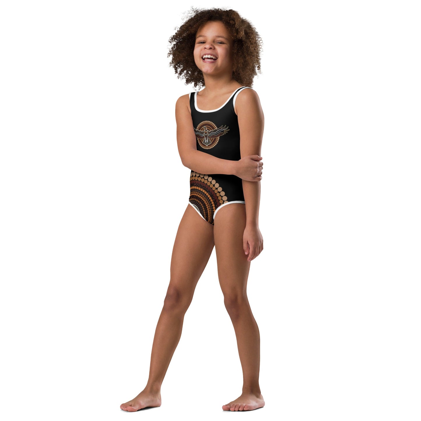 Eagle Strength Girls’ Black Swimsuit – Strength, Resilience, and Active Comfort - Aboriginal Art by Lani