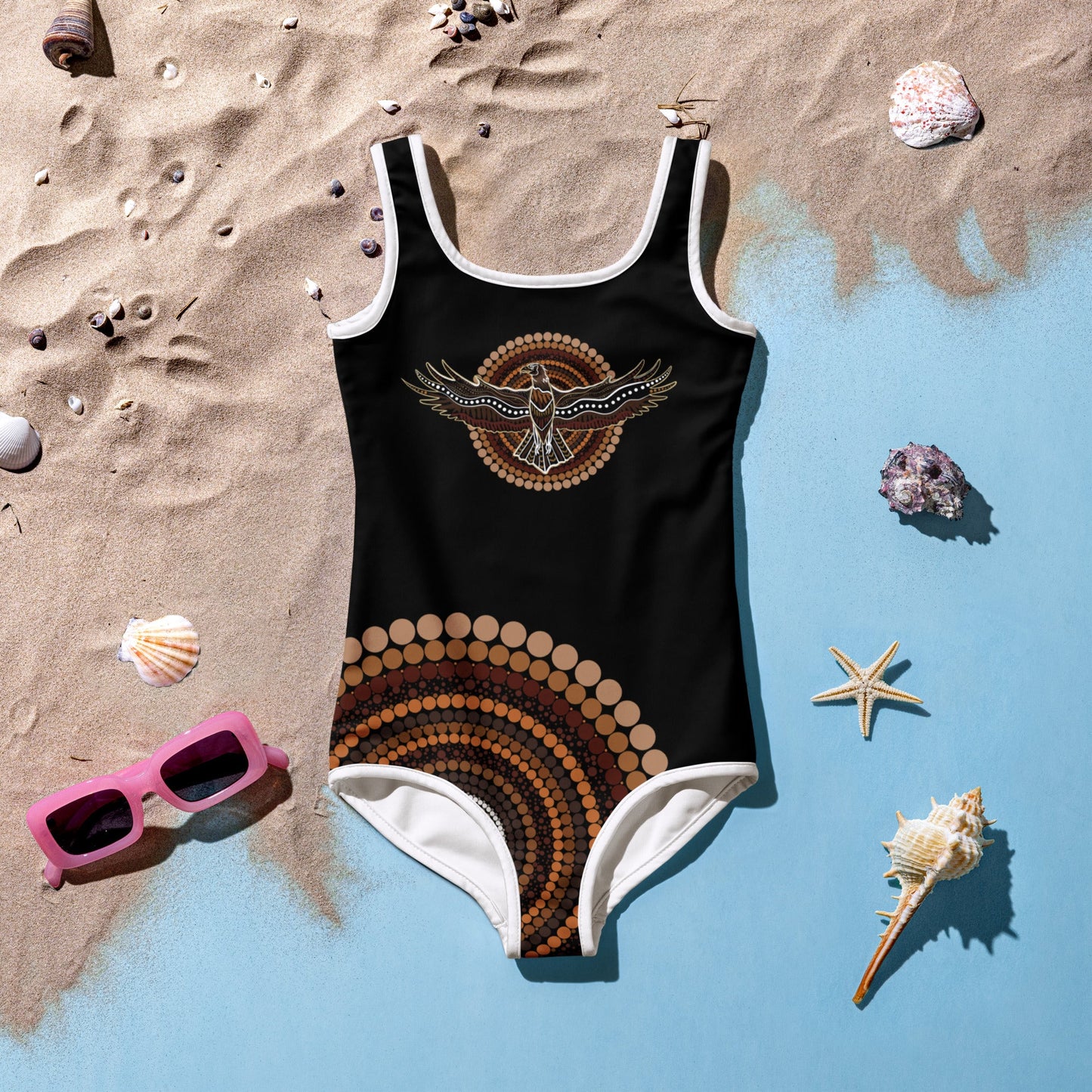 Eagle Strength Girls’ Black Swimsuit – Strength, Resilience, and Active Comfort - Aboriginal Art by Lani