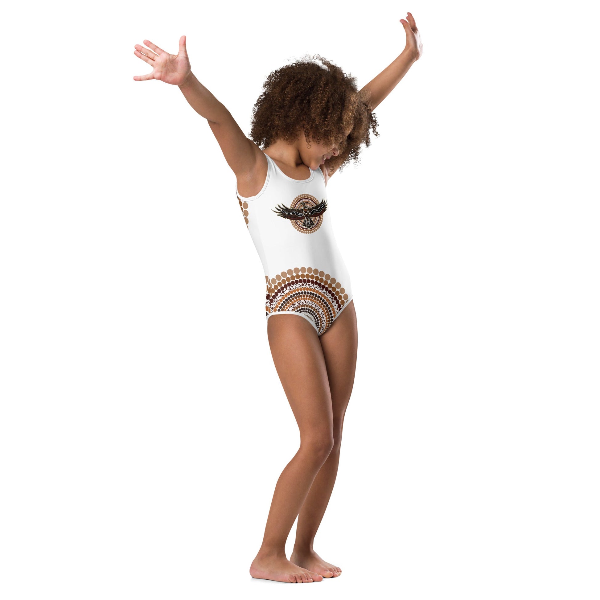 Eagle Strength Girls’ White Swimsuit – Strength, Resilience, and Active Comfort - Aboriginal Art by Lani