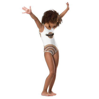 Eagle Strength Girls’ White Swimsuit – Strength, Resilience, and Active Comfort - Aboriginal Art by Lani