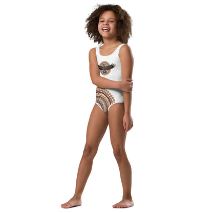 Eagle Strength Girls’ White Swimsuit – Strength, Resilience, and Active Comfort - Aboriginal Art by Lani