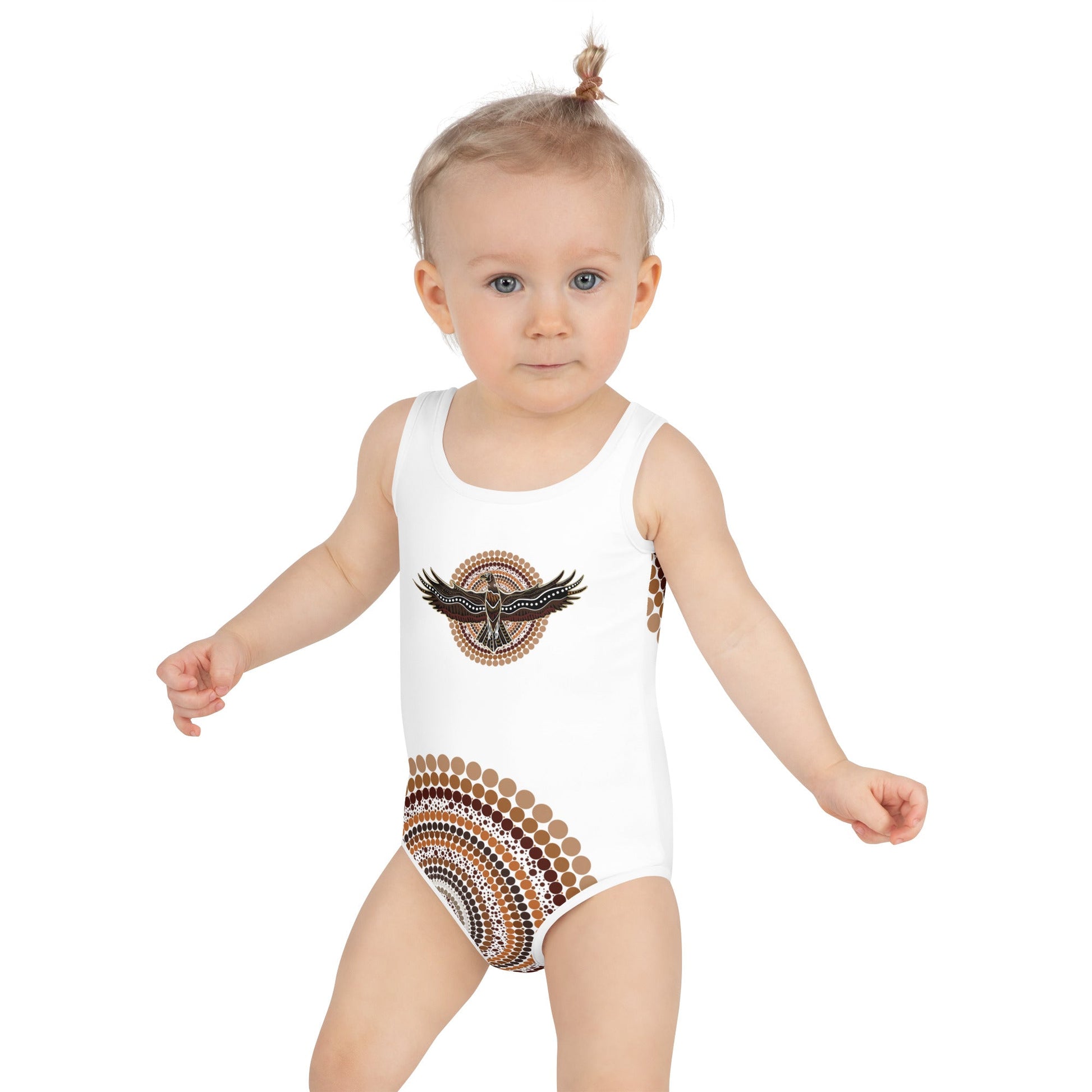 Eagle Strength Girls’ White Swimsuit – Strength, Resilience, and Active Comfort - Aboriginal Art by Lani