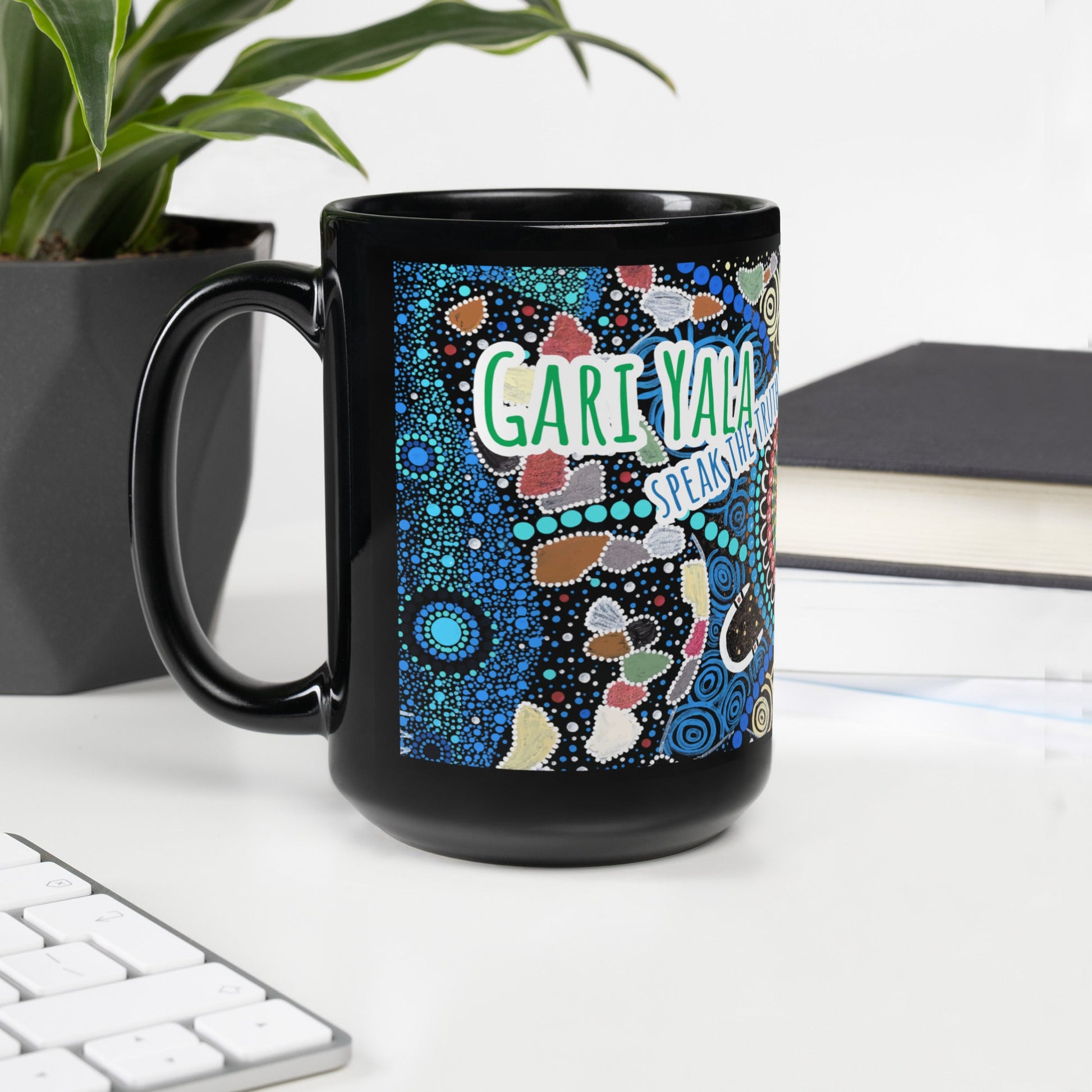 Gari Yala Collection Black Glossy Mug - Aboriginal Art by LaniCups and Mugs