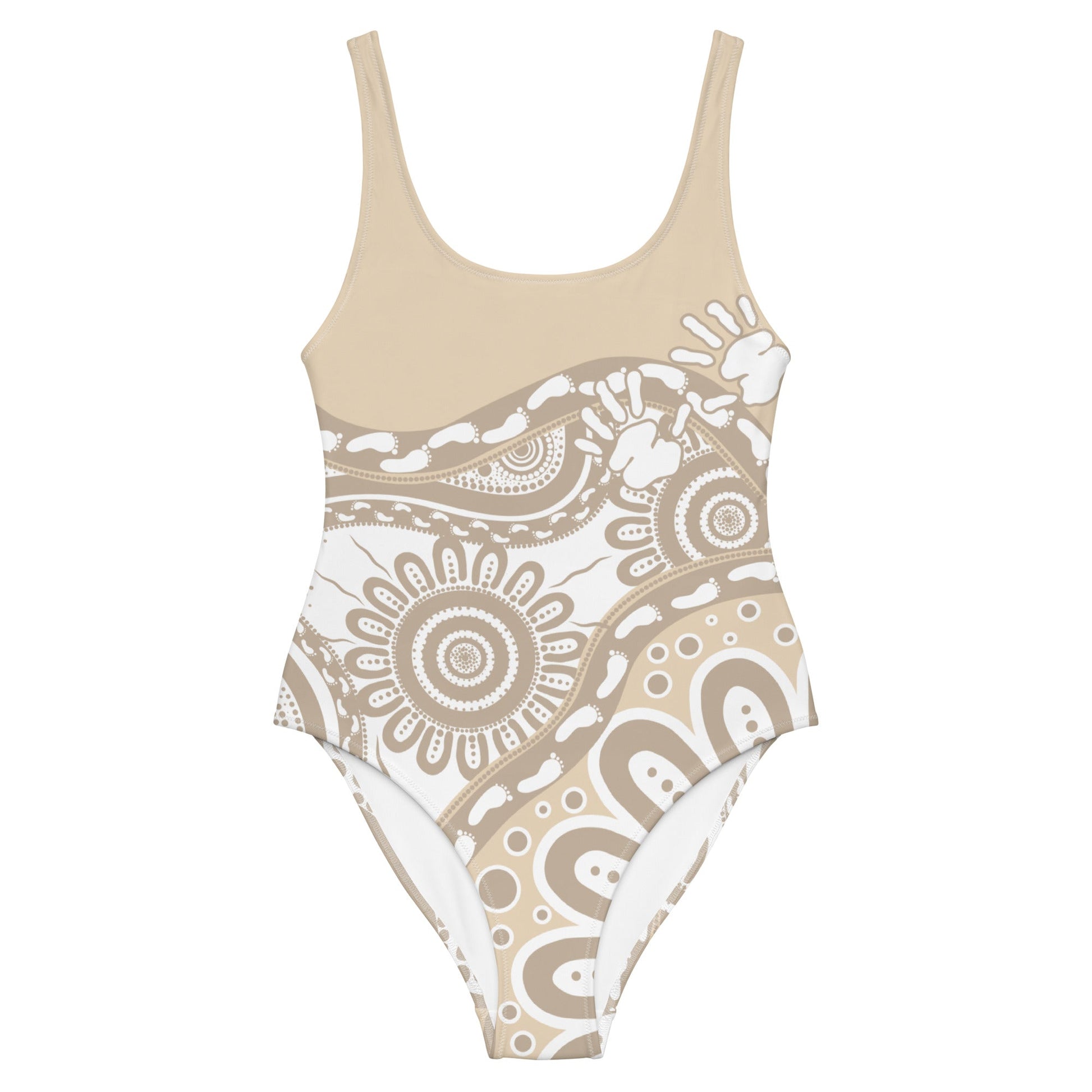 Gathering and Pathways Brown One - Piece Swimsuit - Aboriginal Art by LaniBikini