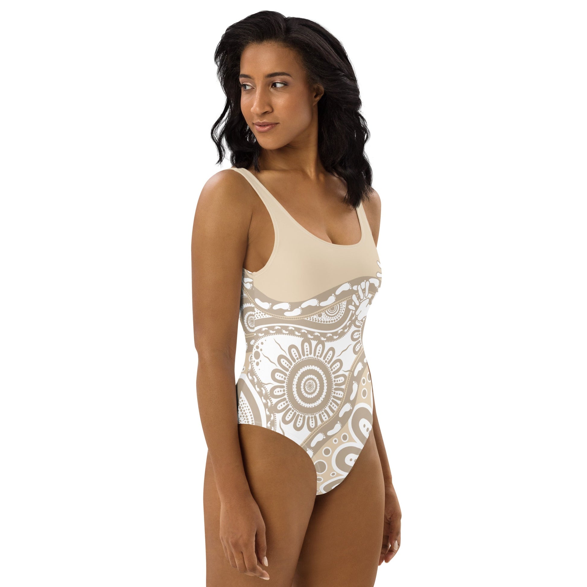 Gathering and Pathways Brown One - Piece Swimsuit - Aboriginal Art by LaniBikini