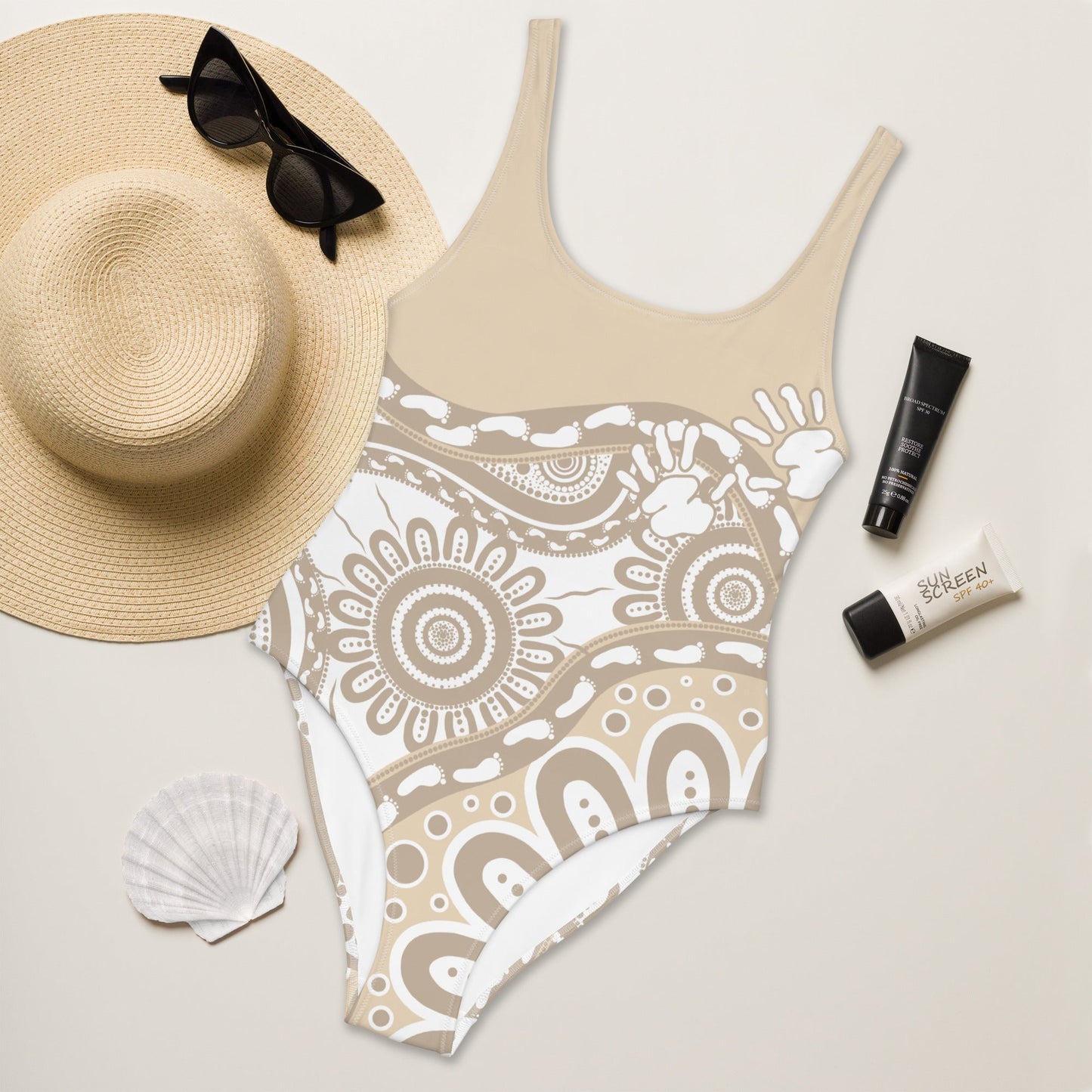 Gathering and Pathways Brown One - Piece Swimsuit - Aboriginal Art by LaniBikini