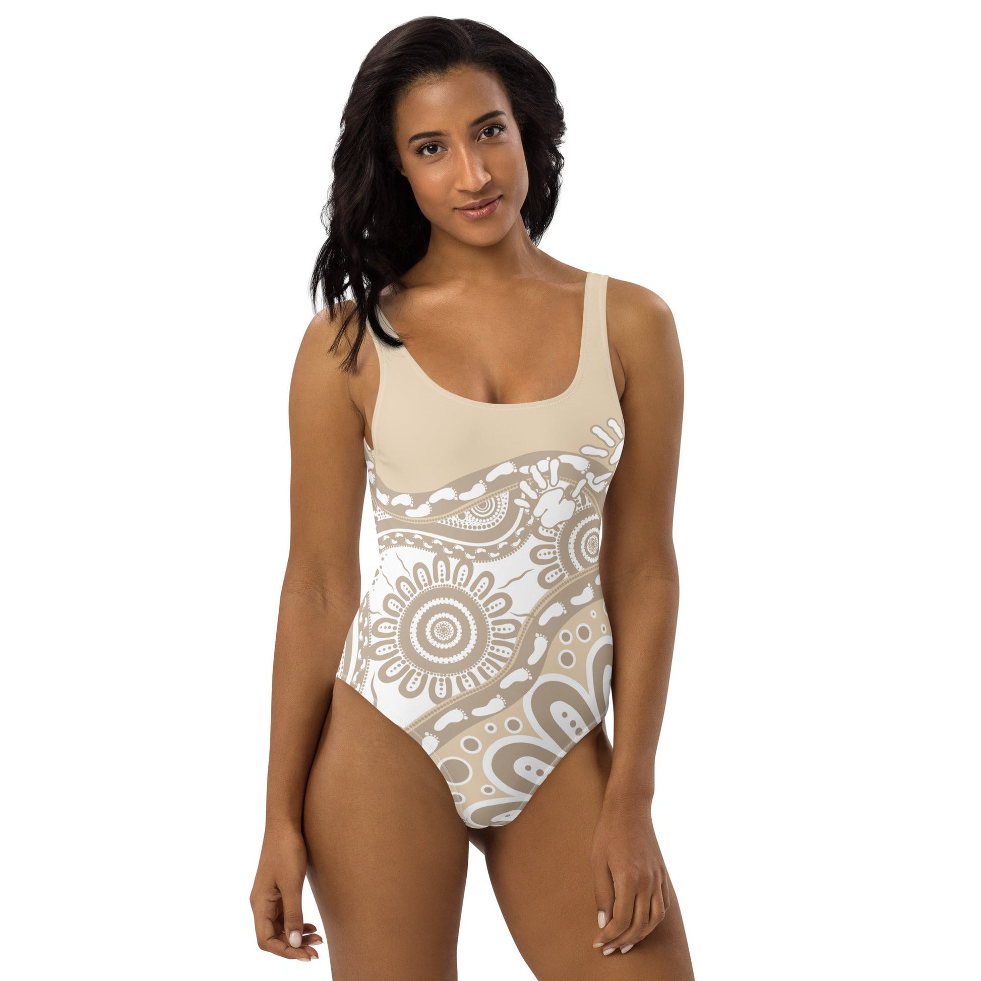 Gathering and Pathways Brown One - Piece Swimsuit - Aboriginal Art by LaniBikini