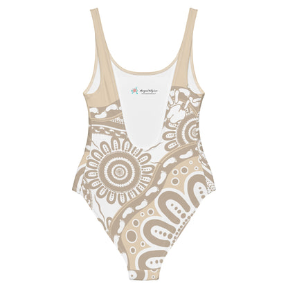 Gathering and Pathways Brown One - Piece Swimsuit - Aboriginal Art by LaniBikini