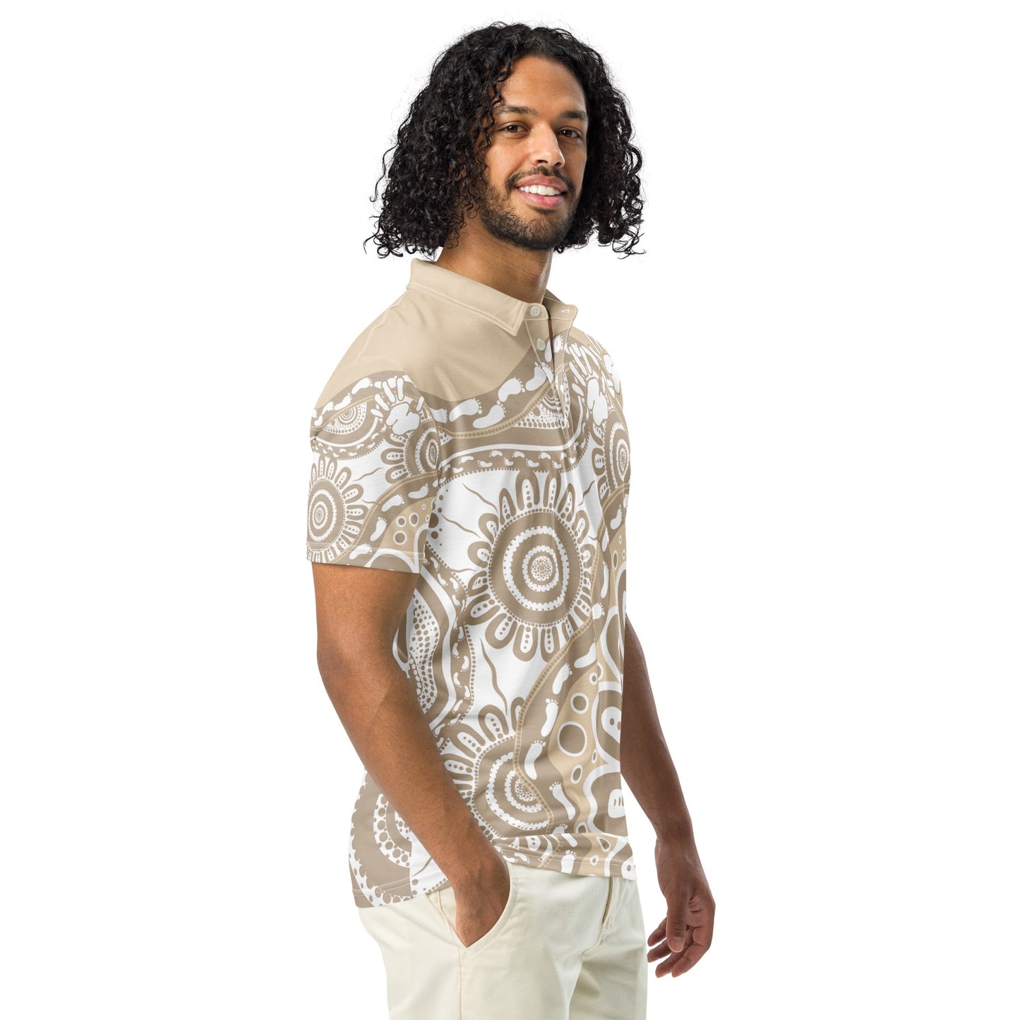 Gathering and Pathways Brown Polo Shirt - Aboriginal Art by Lani