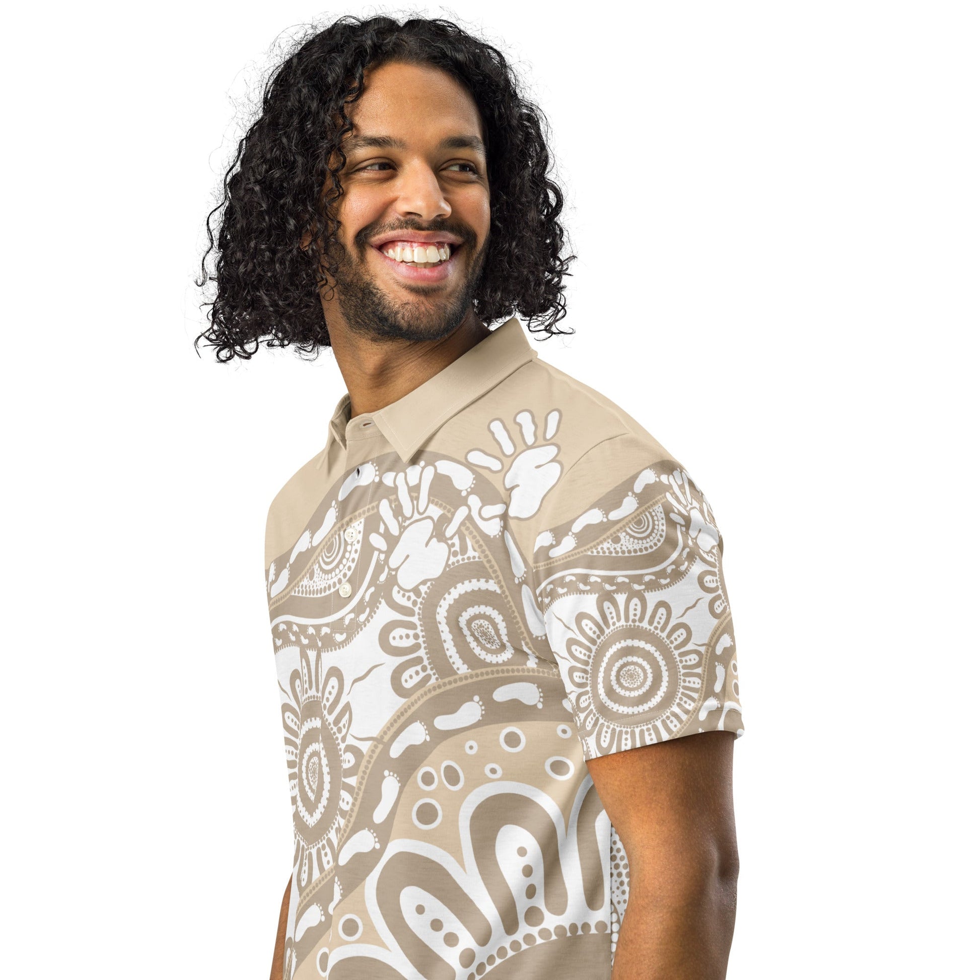 Gathering and Pathways Brown Polo Shirt - Aboriginal Art by Lani