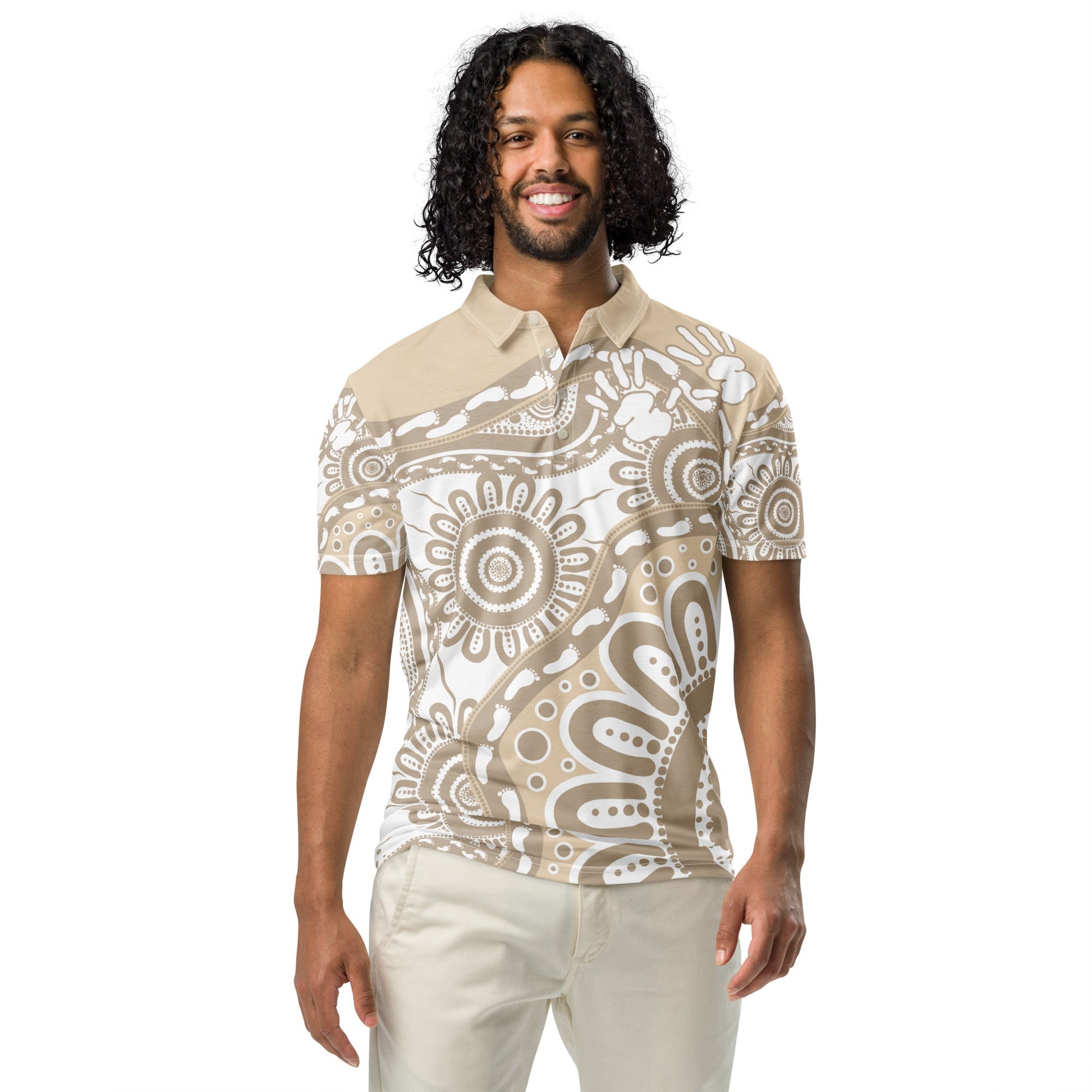 Gathering and Pathways Brown Polo Shirt - Aboriginal Art by Lani