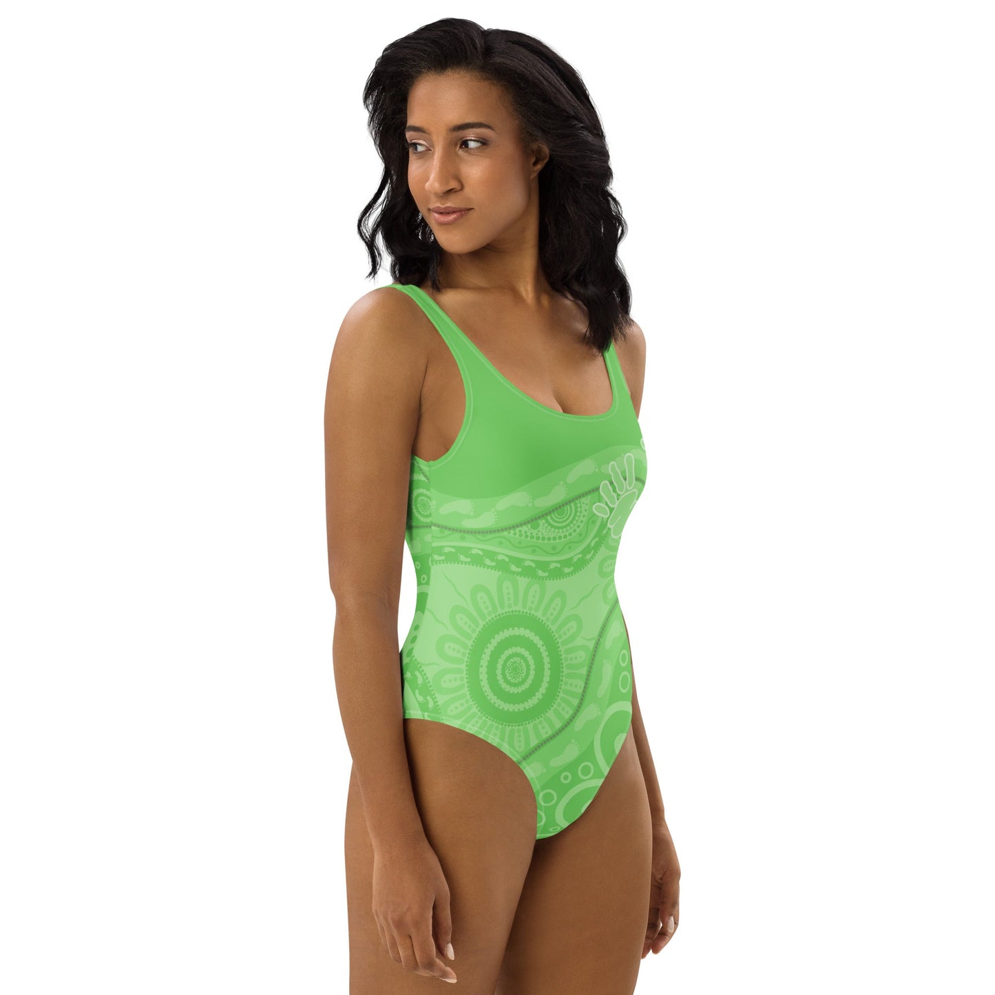 Gathering and Pathways Green One - Piece Swimsuit - Aboriginal Art by LaniBikini