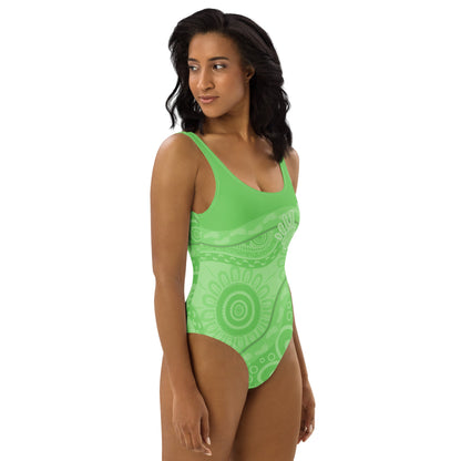 Gathering and Pathways Green One - Piece Swimsuit - Aboriginal Art by LaniBikini