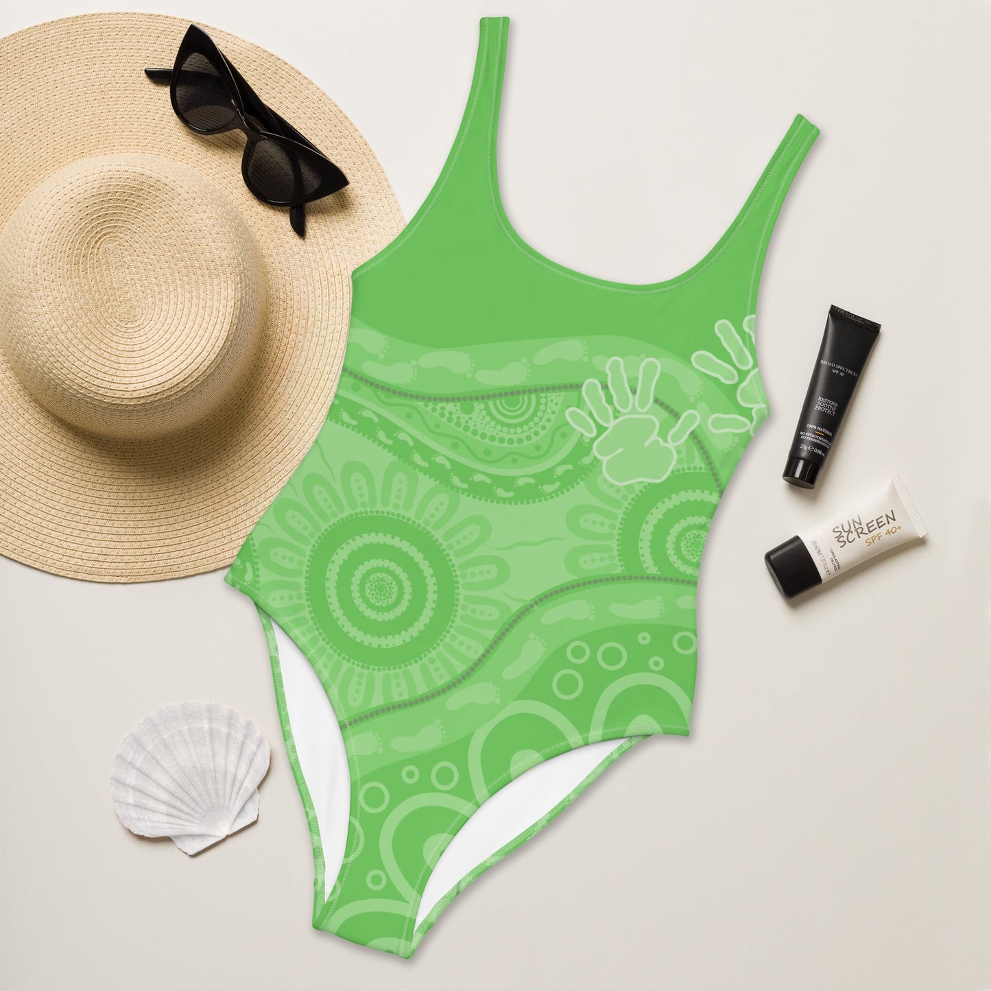 Gathering and Pathways Green One - Piece Swimsuit - Aboriginal Art by LaniBikini