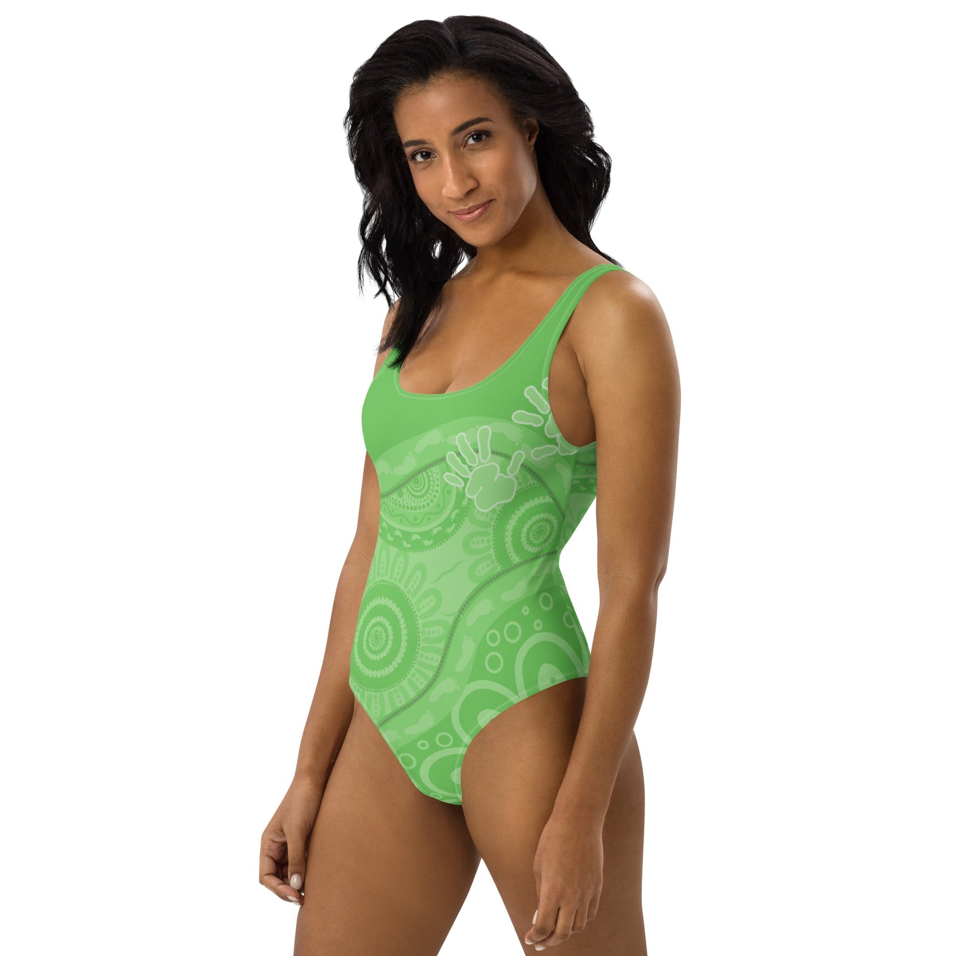 Gathering and Pathways Green One - Piece Swimsuit - Aboriginal Art by LaniBikini