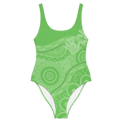 Gathering and Pathways Green One - Piece Swimsuit - Aboriginal Art by LaniBikini