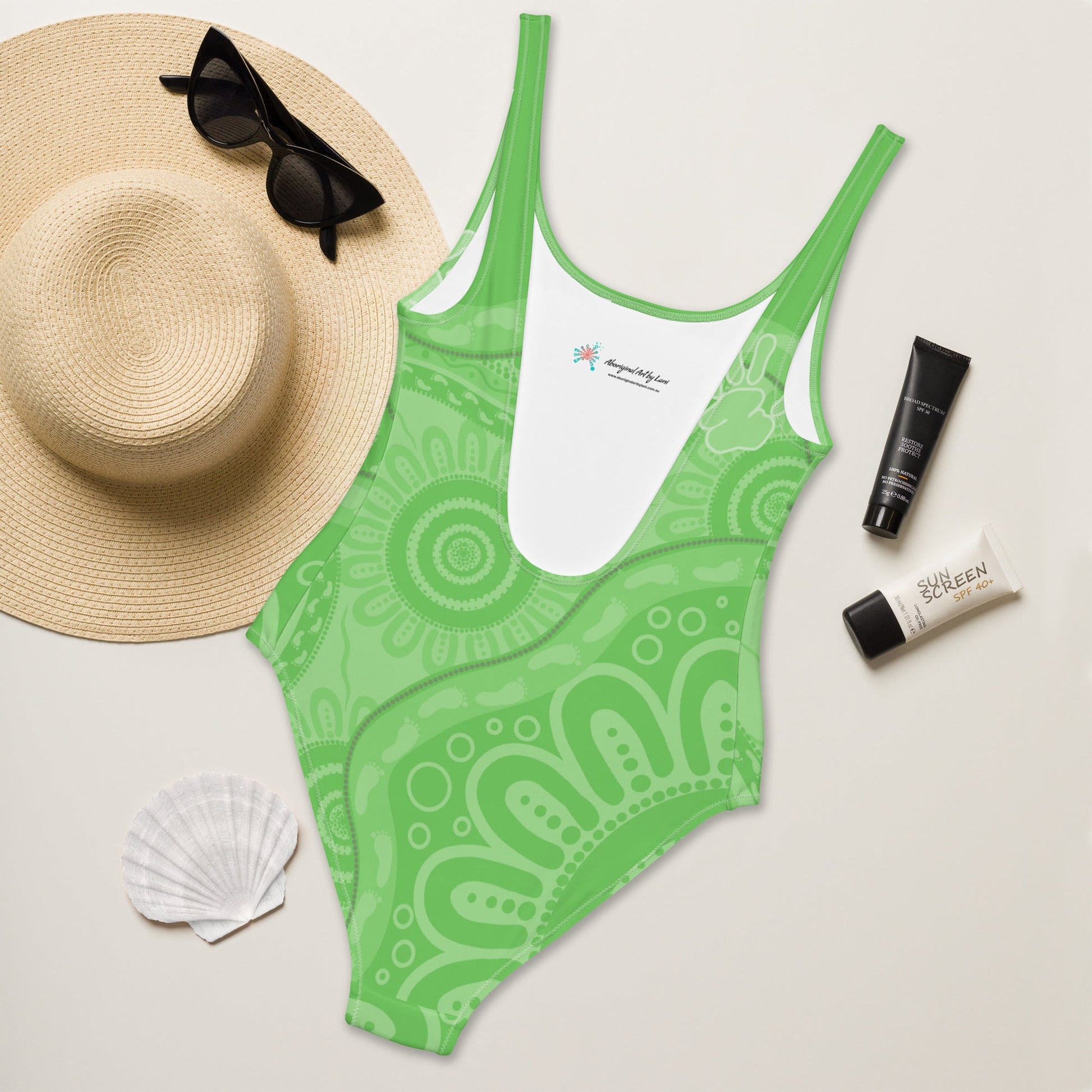 Gathering and Pathways Green One - Piece Swimsuit - Aboriginal Art by LaniBikini