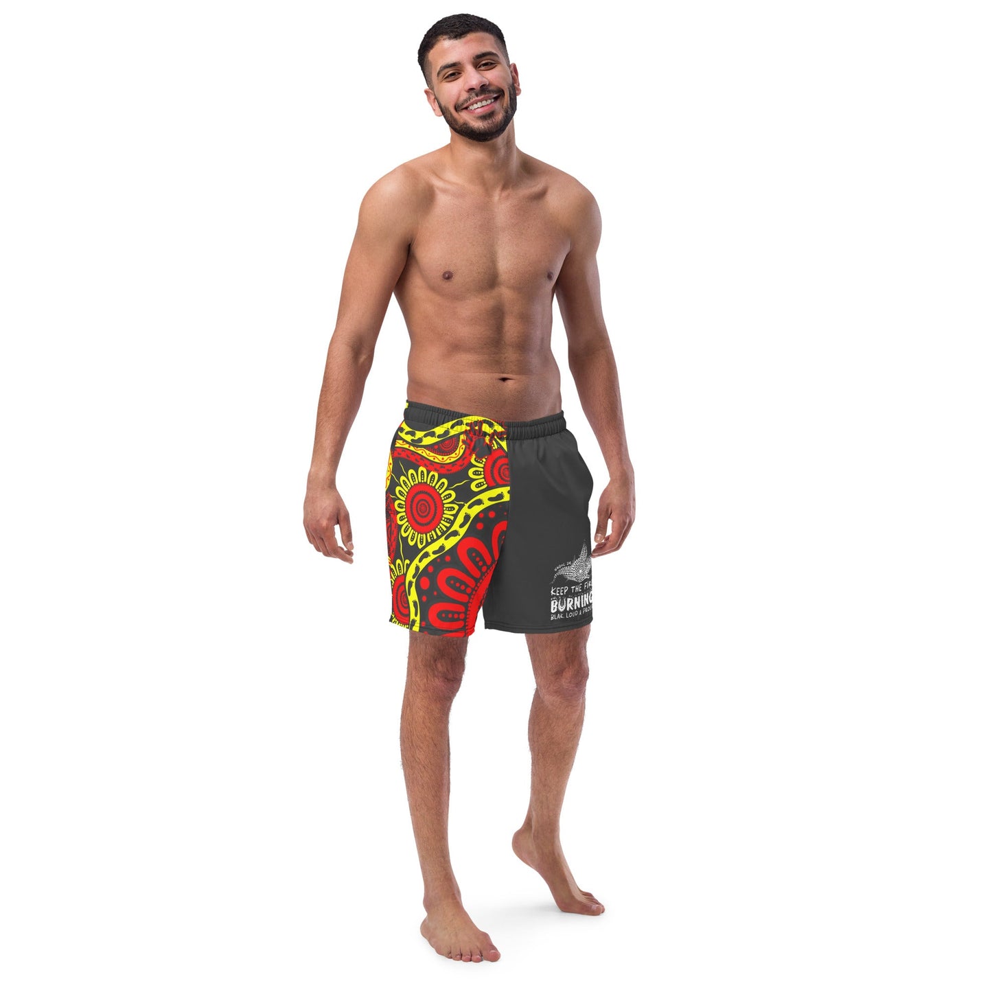 Gathering and Pathways NAIDOC 2024 Men's Black, Red and Yellow Swim Shorts - Aboriginal Art by LaniMen's Shorts