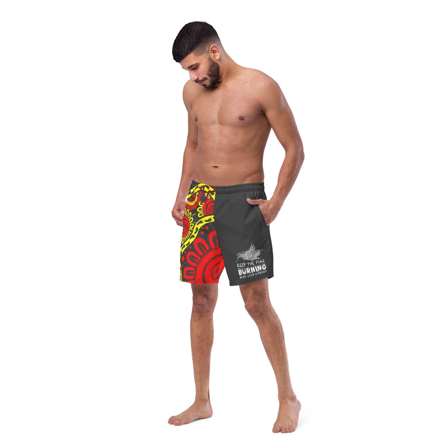 Gathering and Pathways NAIDOC 2024 Men's Black, Red and Yellow Swim Shorts - Aboriginal Art by LaniMen's Shorts