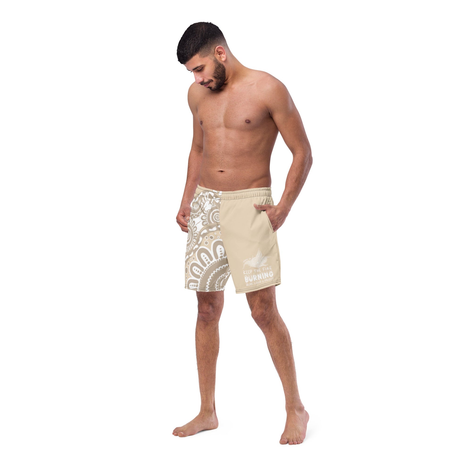 Gathering and Pathways NAIDOC 2024 Men's Brown Swim Shorts - Aboriginal Art by LaniMen's Shorts