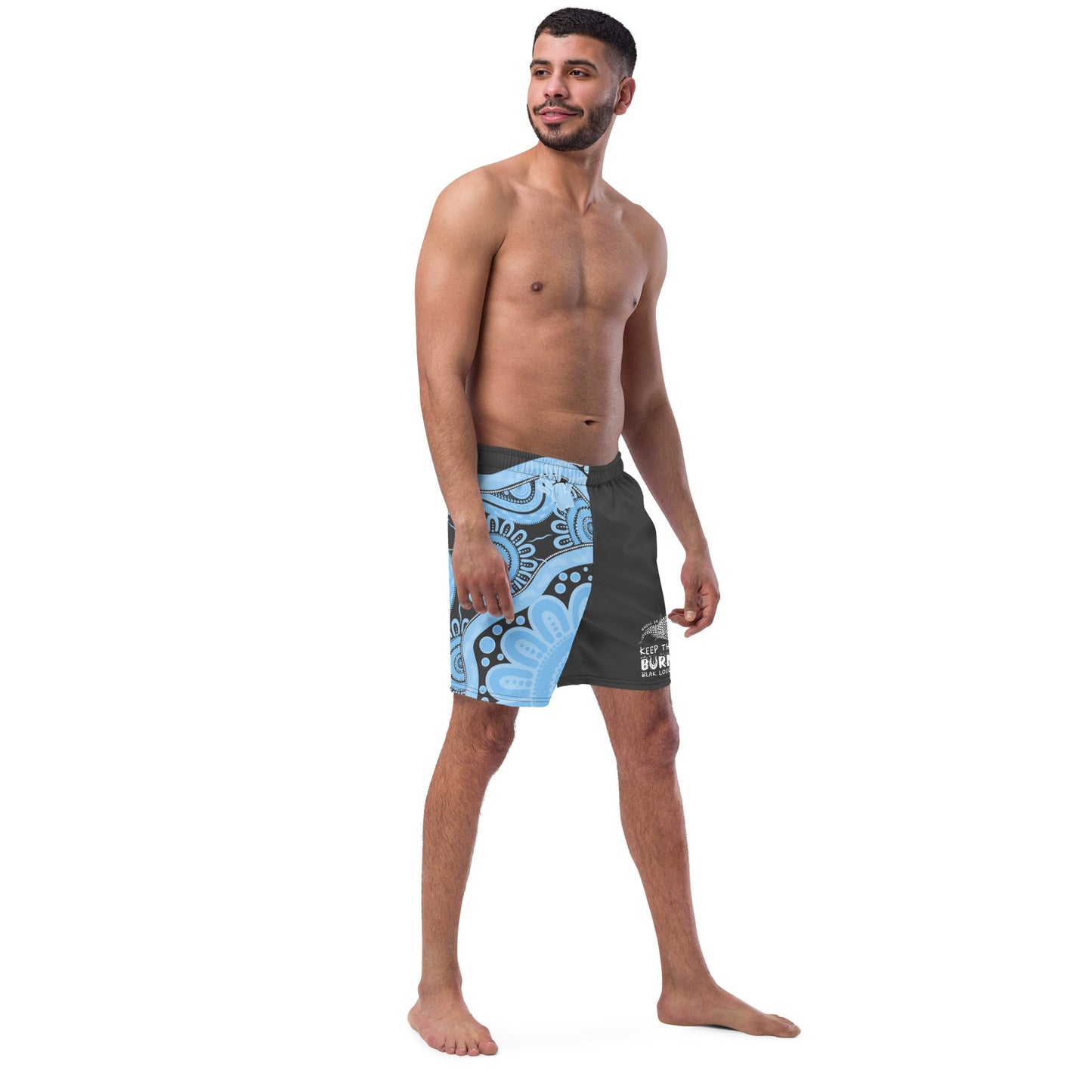 Gathering and Pathways NAIDOC 2024 Men's Charcoal & Blue Swim Shorts - Aboriginal Art by LaniMen's Shorts