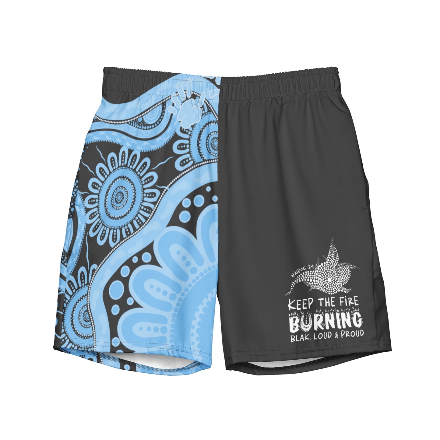 Gathering and Pathways NAIDOC 2024 Men's Charcoal & Blue Swim Shorts - Aboriginal Art by LaniMen's Shorts