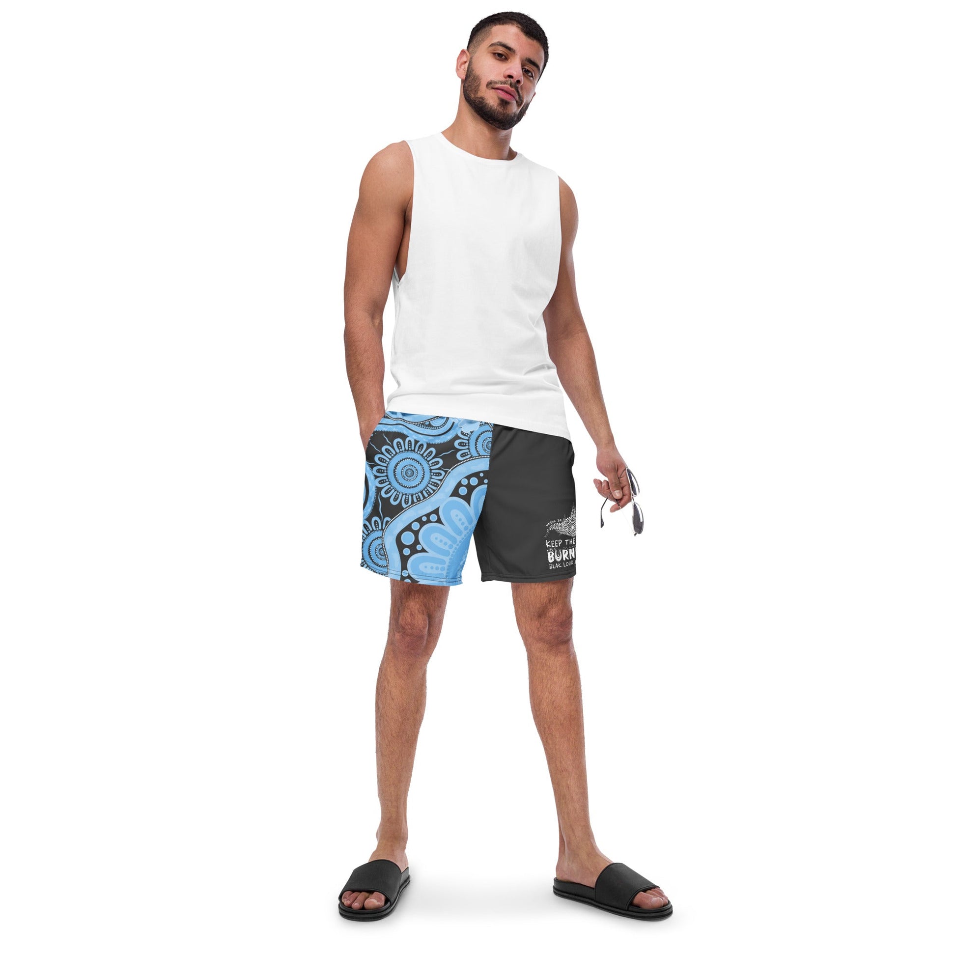 Gathering and Pathways NAIDOC 2024 Men's Charcoal & Blue Swim Shorts - Aboriginal Art by LaniMen's Shorts