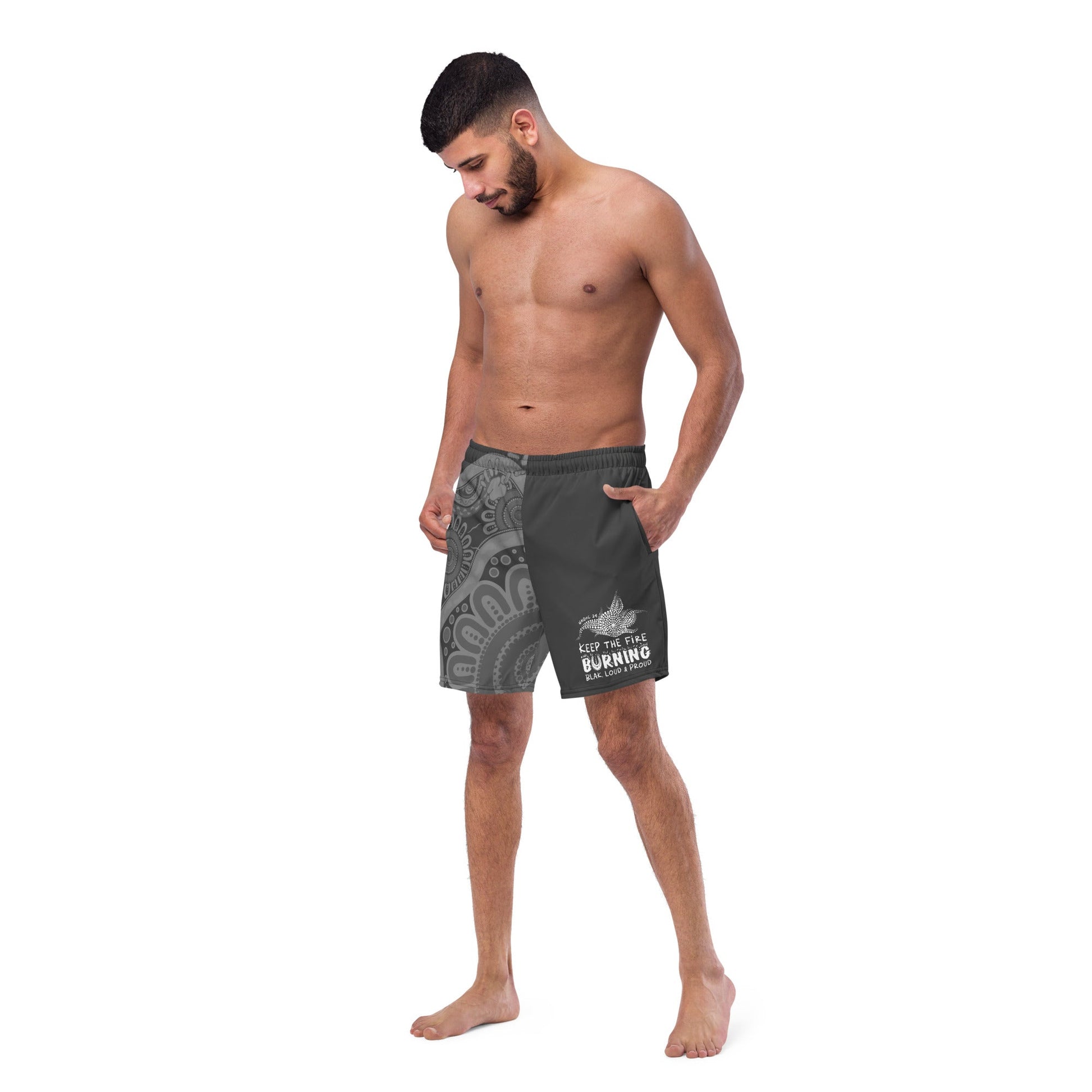 Gathering and Pathways NAIDOC 2024 Men's Charcoal Swim Shorts - Aboriginal Art by LaniMen's Shorts