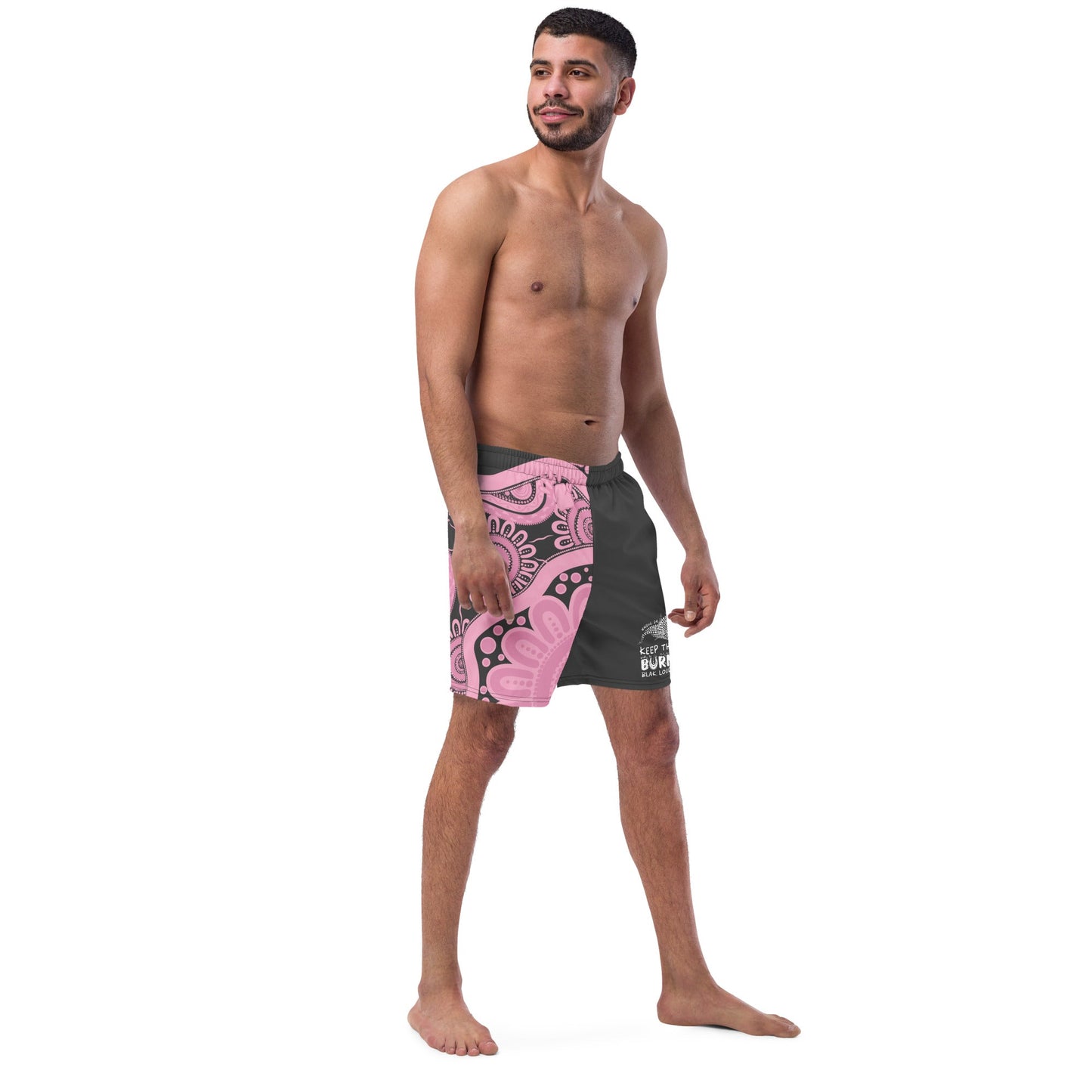 Gathering and Pathways NAIDOC 2024 Men's Pink & Charcoal Swim Shorts - Aboriginal Art by LaniMen's Shorts