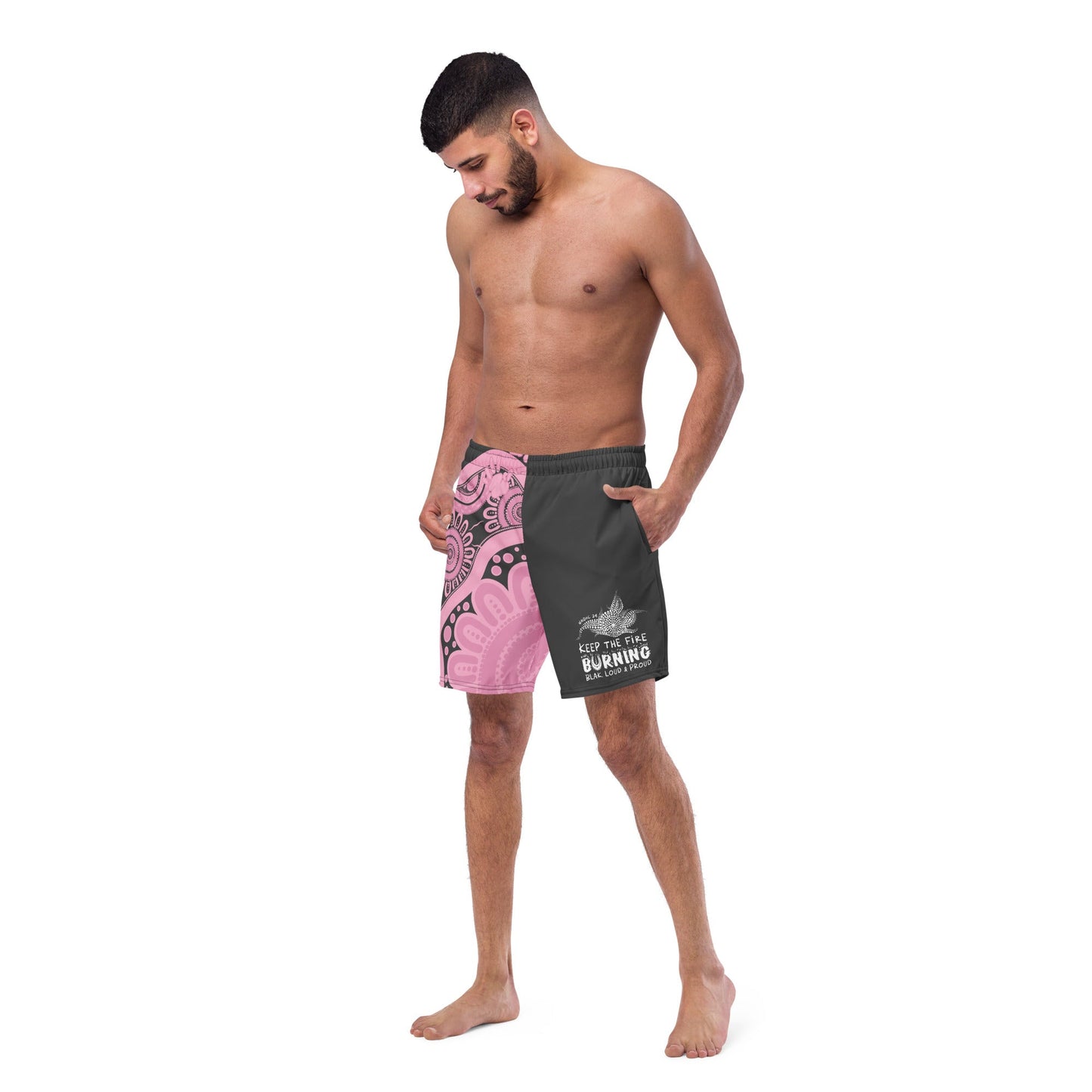 Gathering and Pathways NAIDOC 2024 Men's Pink & Charcoal Swim Shorts - Aboriginal Art by LaniMen's Shorts