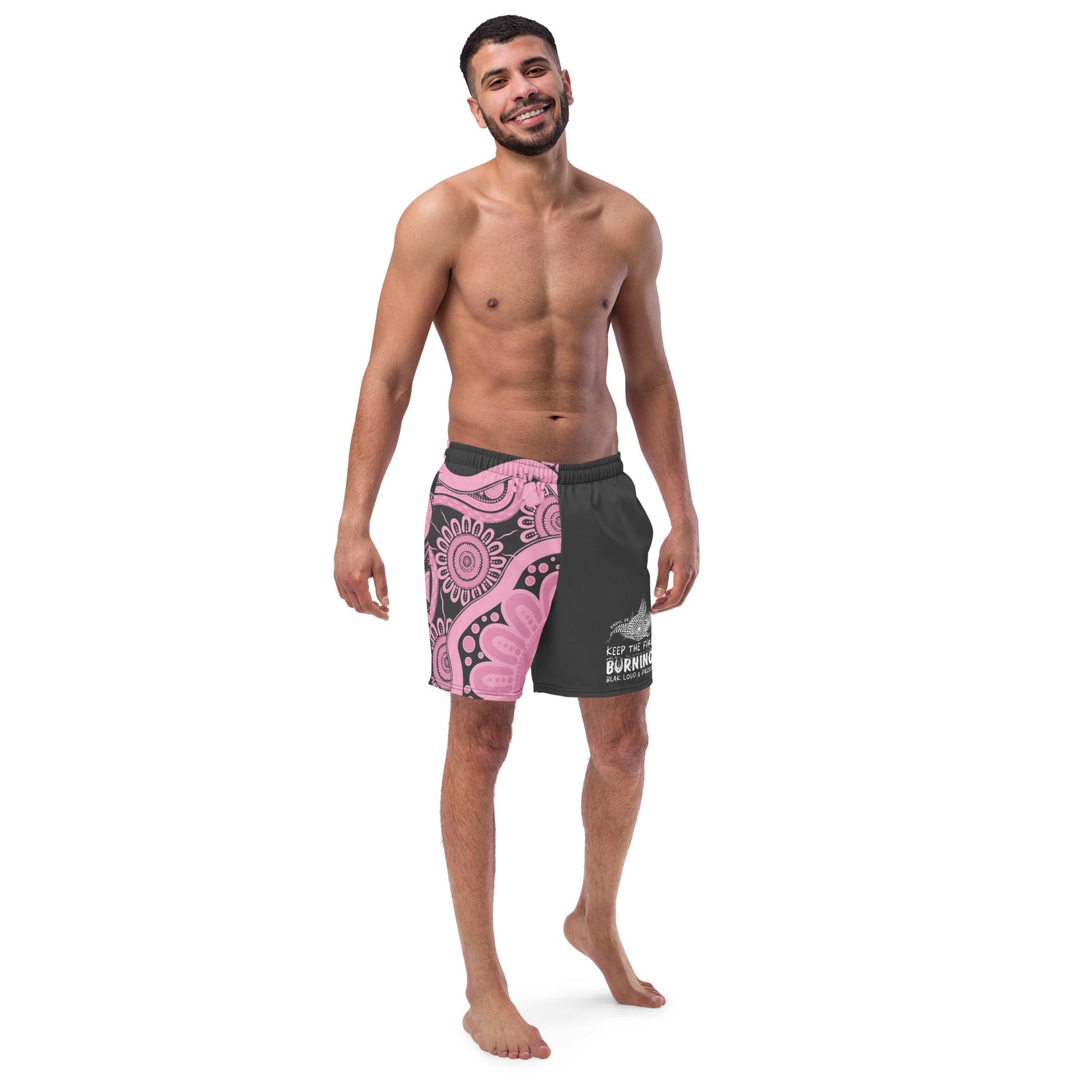 Gathering and Pathways NAIDOC 2024 Men's Pink & Charcoal Swim Shorts - Aboriginal Art by LaniMen's Shorts