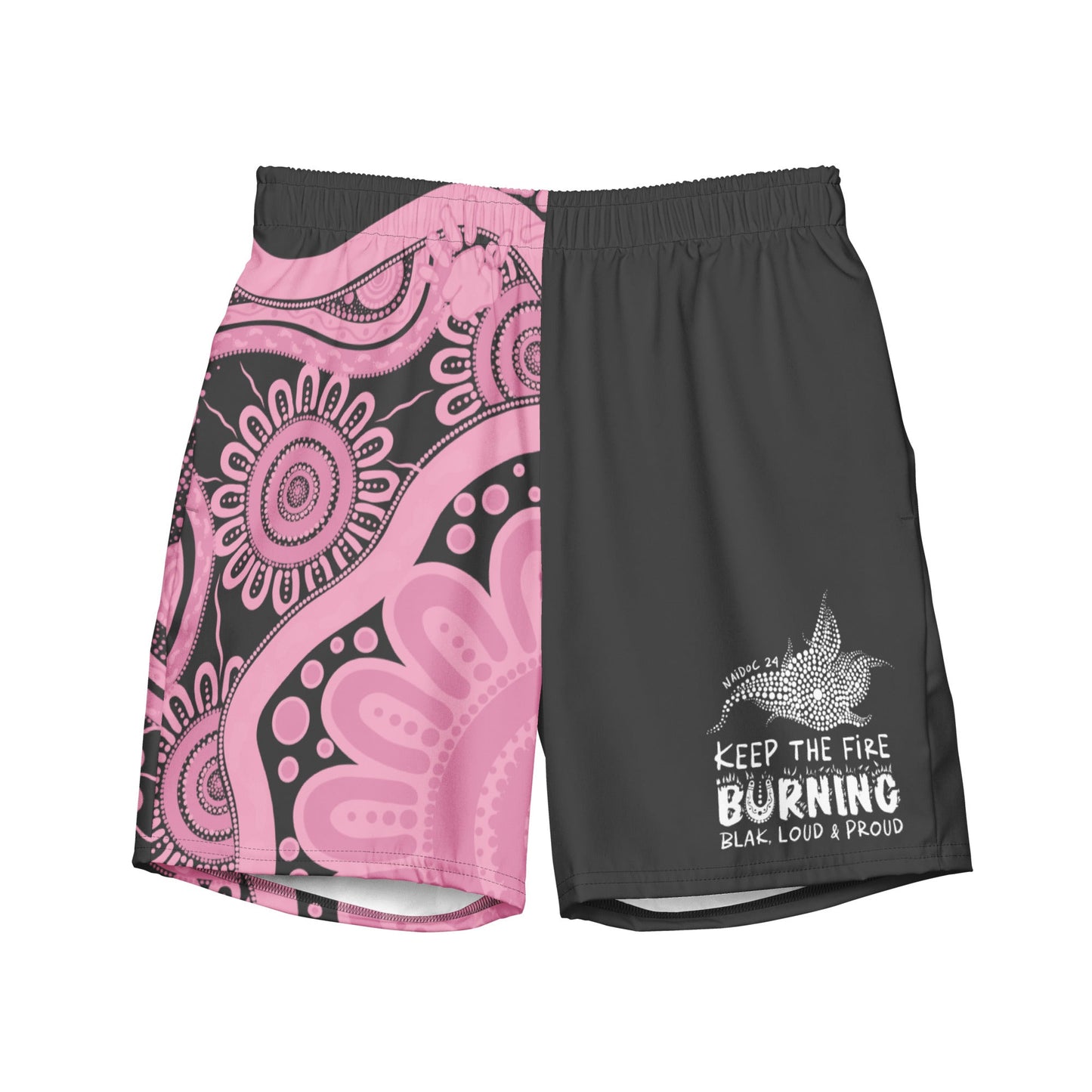 Gathering and Pathways NAIDOC 2024 Men's Pink & Charcoal Swim Shorts - Aboriginal Art by LaniMen's Shorts