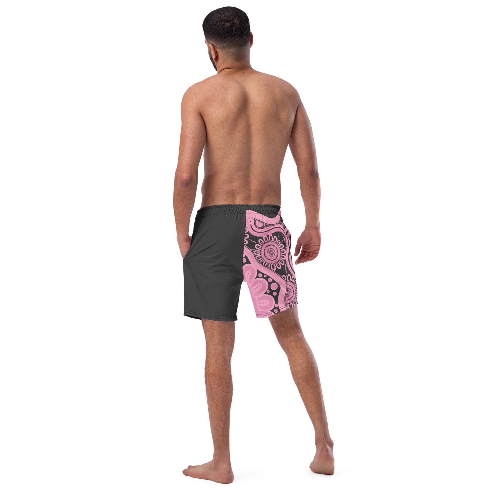 Gathering and Pathways NAIDOC 2024 Men's Pink & Charcoal Swim Shorts - Aboriginal Art by LaniMen's Shorts