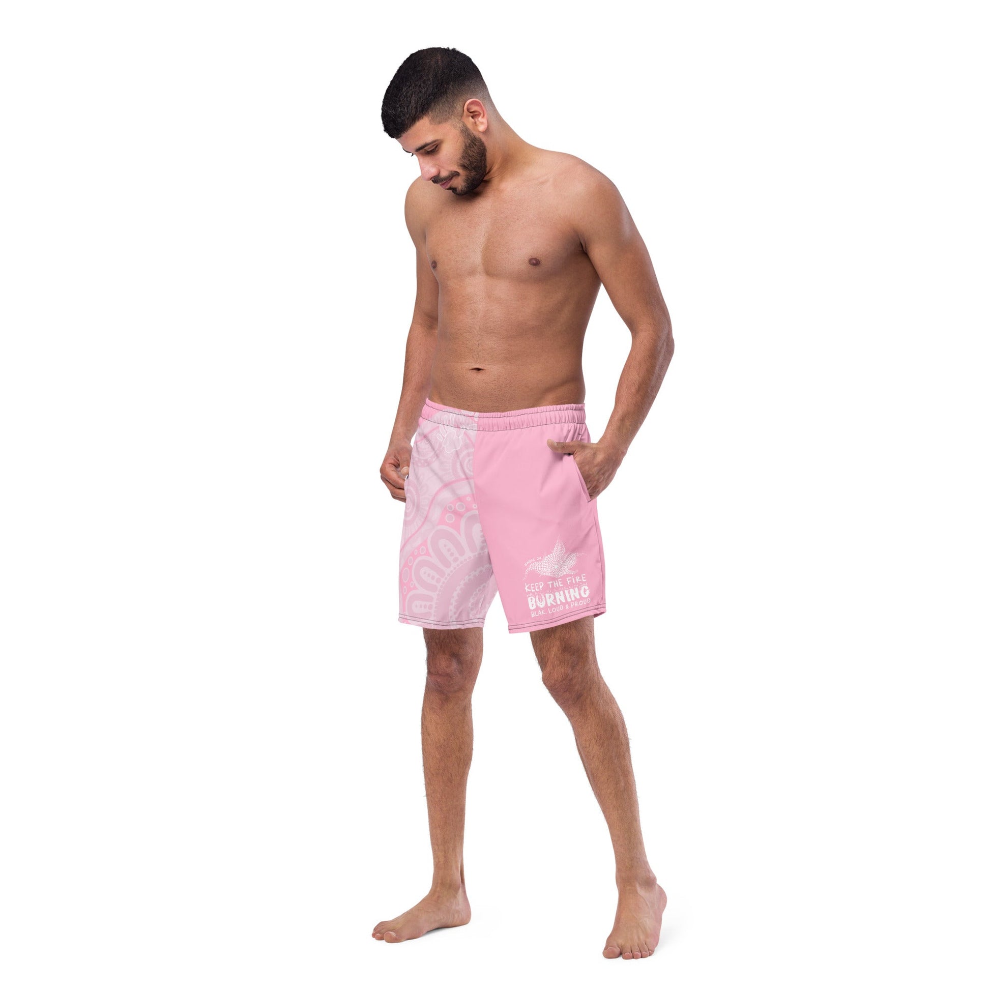 Gathering and Pathways NAIDOC 2024 Men's Pink Swim Shorts - Aboriginal Art by LaniMen's Shorts