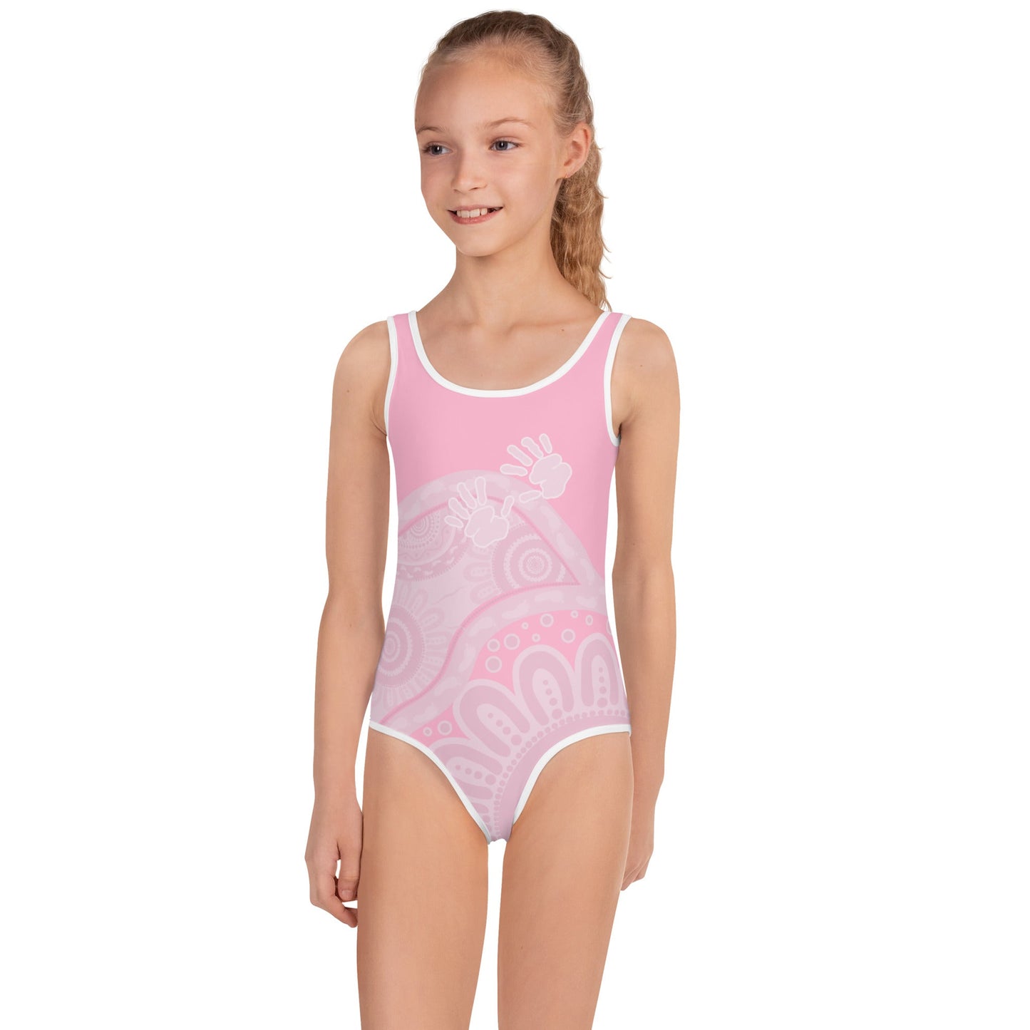 Gathering and Pathways Pink Kids Swimsuit - Aboriginal Art by Lani