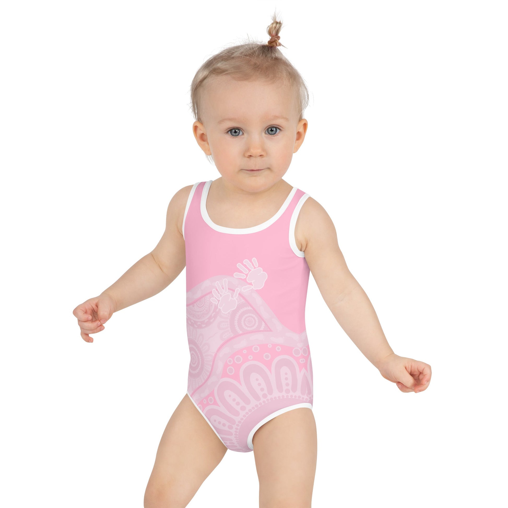 Gathering and Pathways Pink Kids Swimsuit - Aboriginal Art by Lani