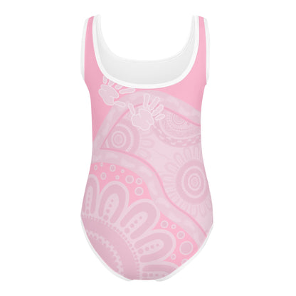 Gathering and Pathways Pink Kids Swimsuit - Aboriginal Art by Lani