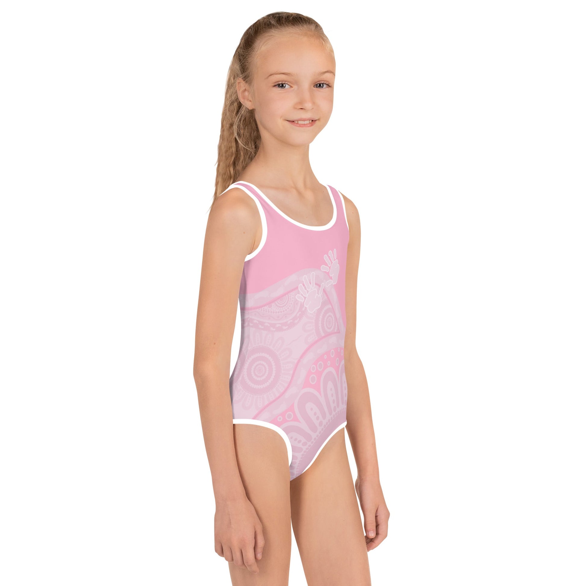 Gathering and Pathways Pink Kids Swimsuit - Aboriginal Art by Lani