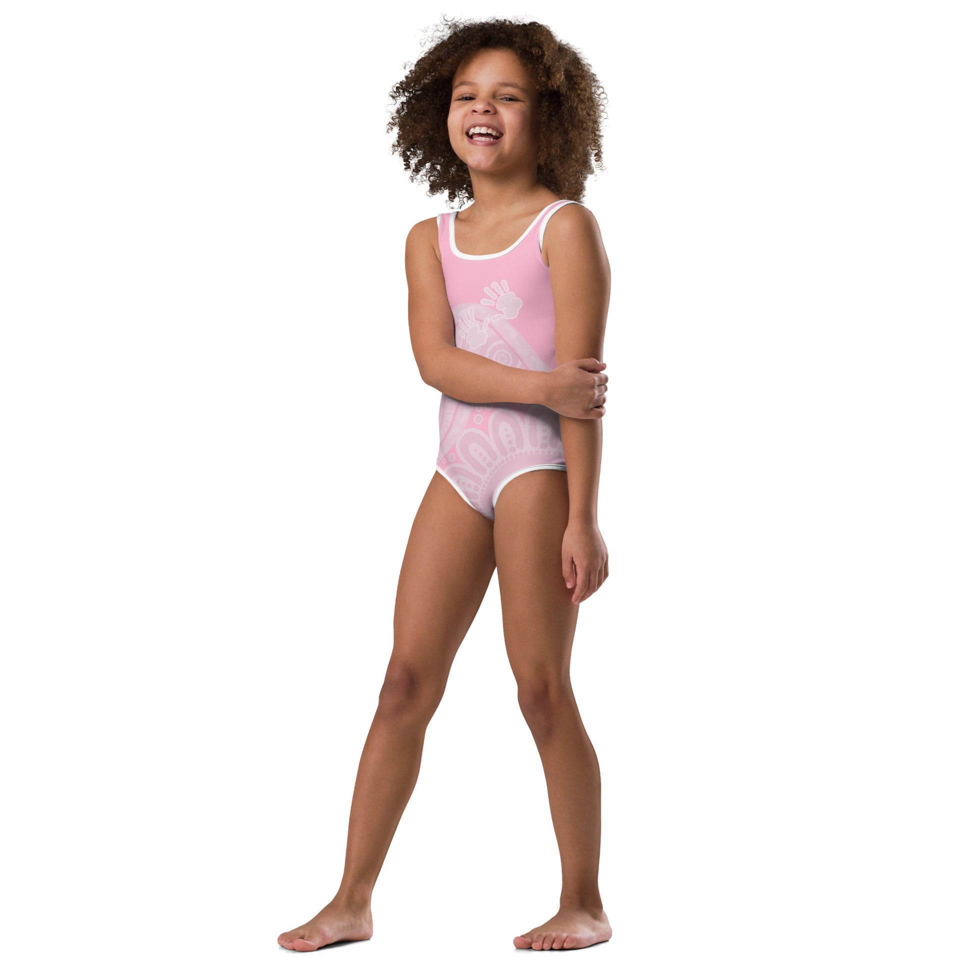 Gathering and Pathways Pink Kids Swimsuit - Aboriginal Art by Lani