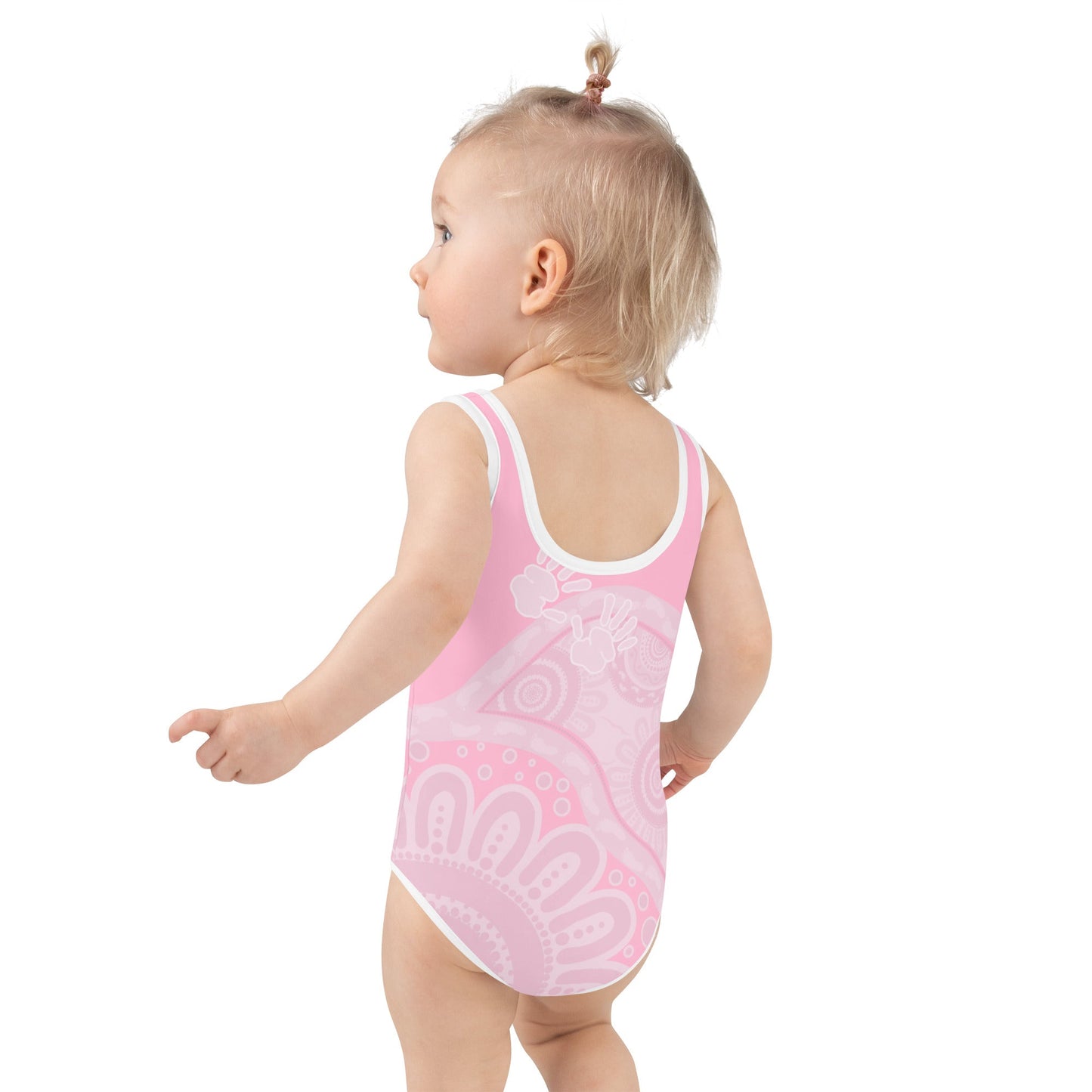 Gathering and Pathways Pink Kids Swimsuit - Aboriginal Art by Lani