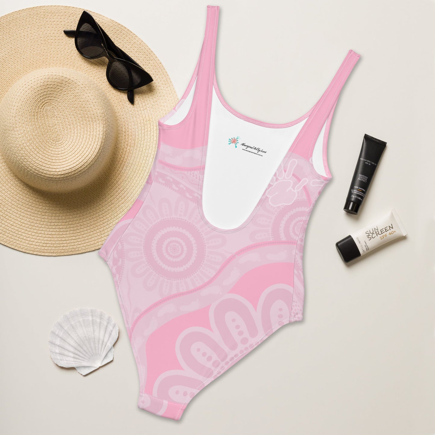 Gathering and Pathways Pink One - Piece Swimsuit - Aboriginal Art by LaniBikini