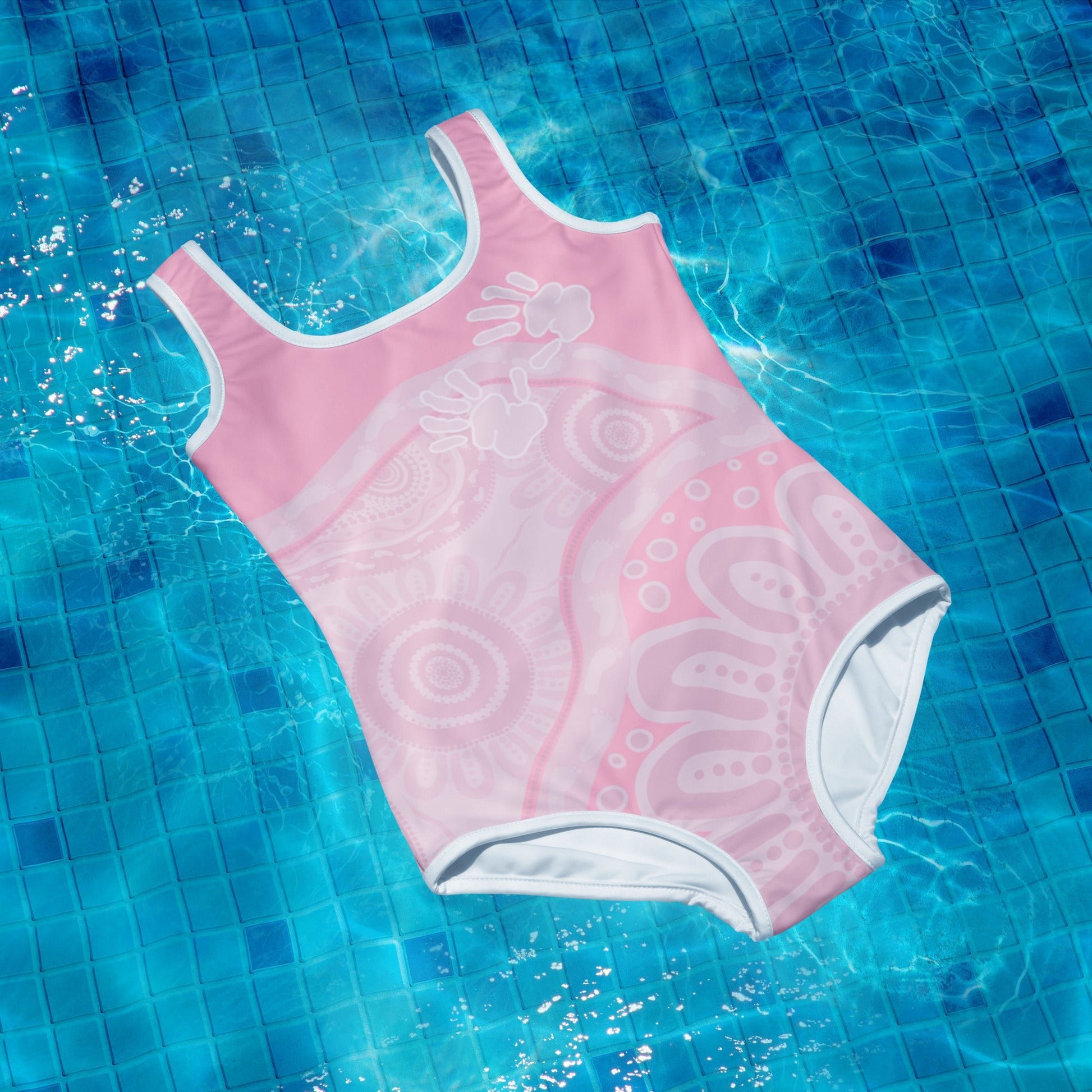 Gathering and Pathways Pink Youth Swimsuit - Aboriginal Art by Lani