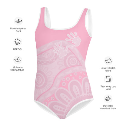 Gathering and Pathways Pink Youth Swimsuit - Aboriginal Art by Lani