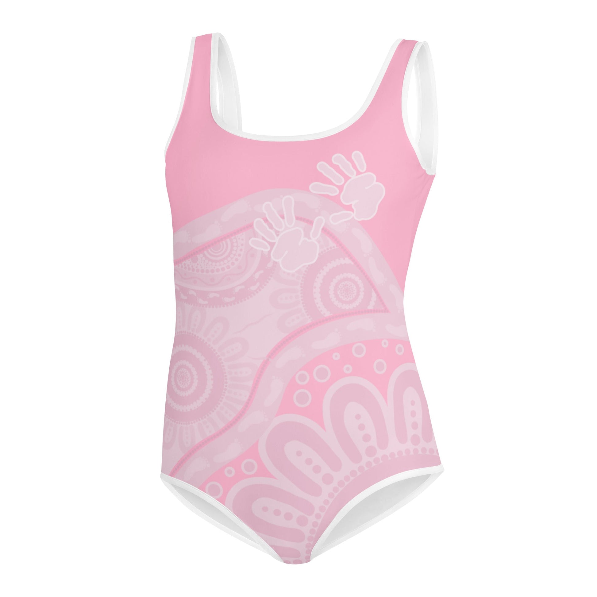 Gathering and Pathways Pink Youth Swimsuit - Aboriginal Art by Lani