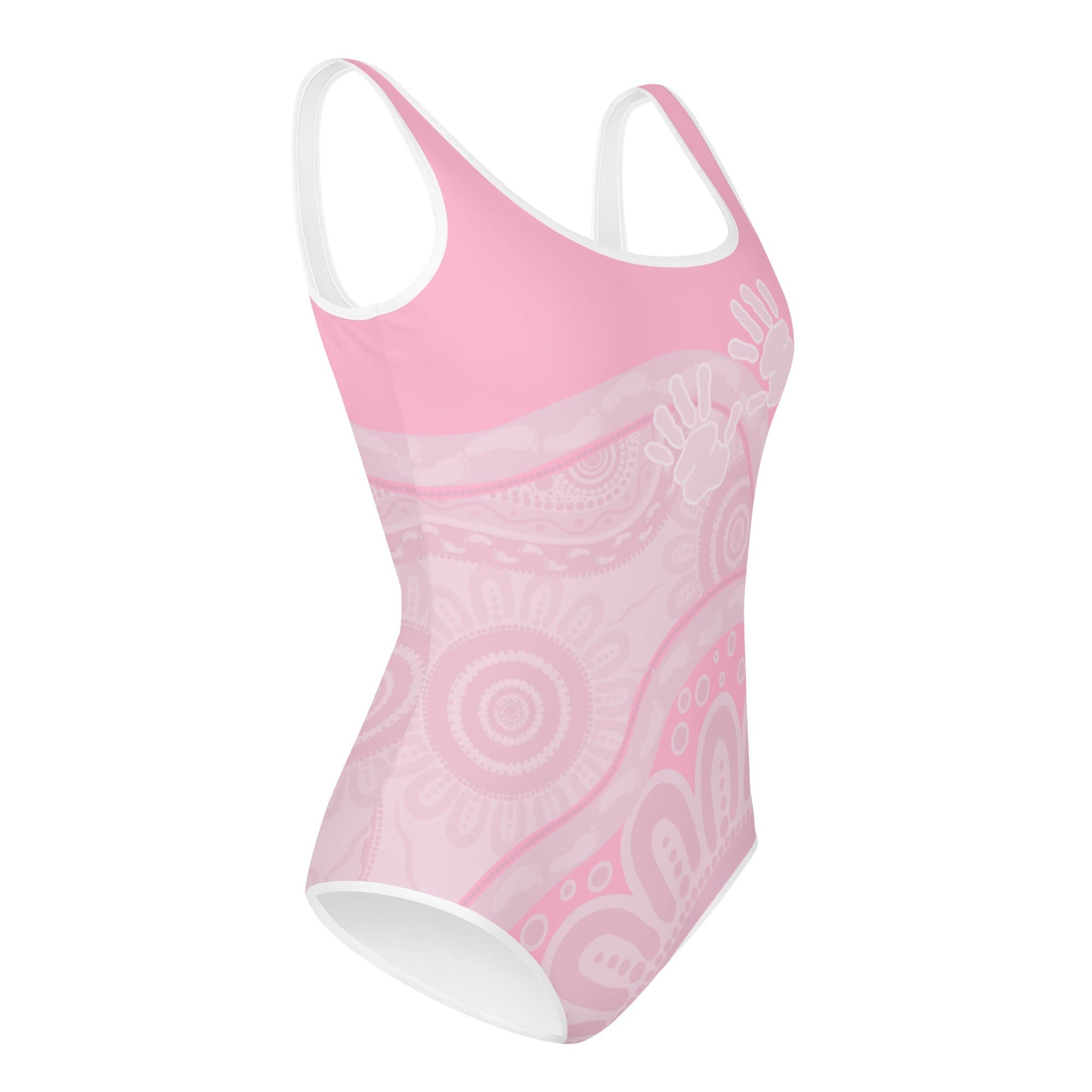 Gathering and Pathways Pink Youth Swimsuit - Aboriginal Art by Lani