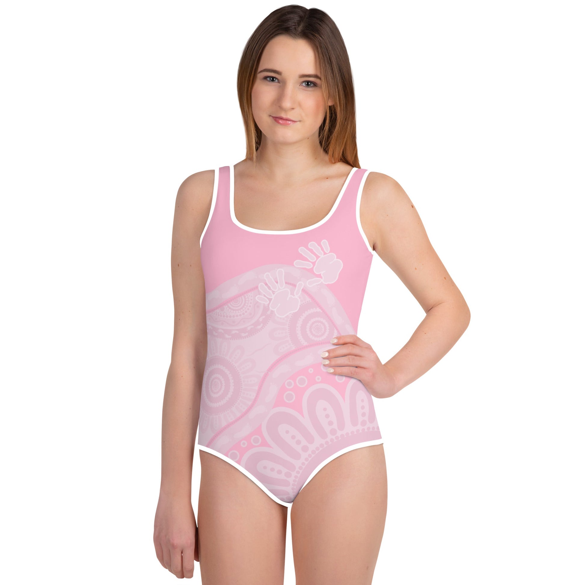 Gathering and Pathways Pink Youth Swimsuit - Aboriginal Art by Lani