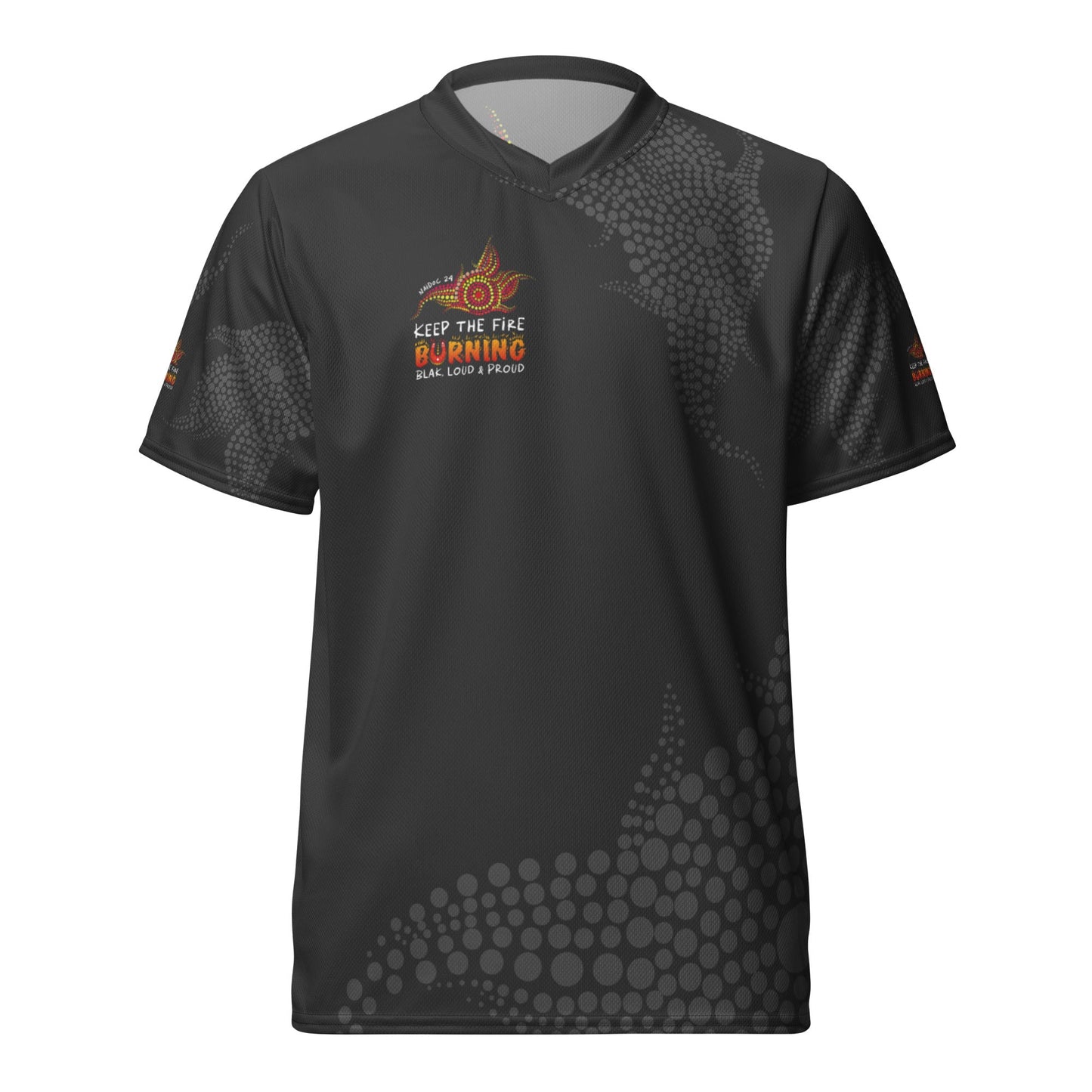 NAIDOC 2024 - Keep The Fire Burning Range 2 Black Sports Jersey - Aboriginal Art by Lani