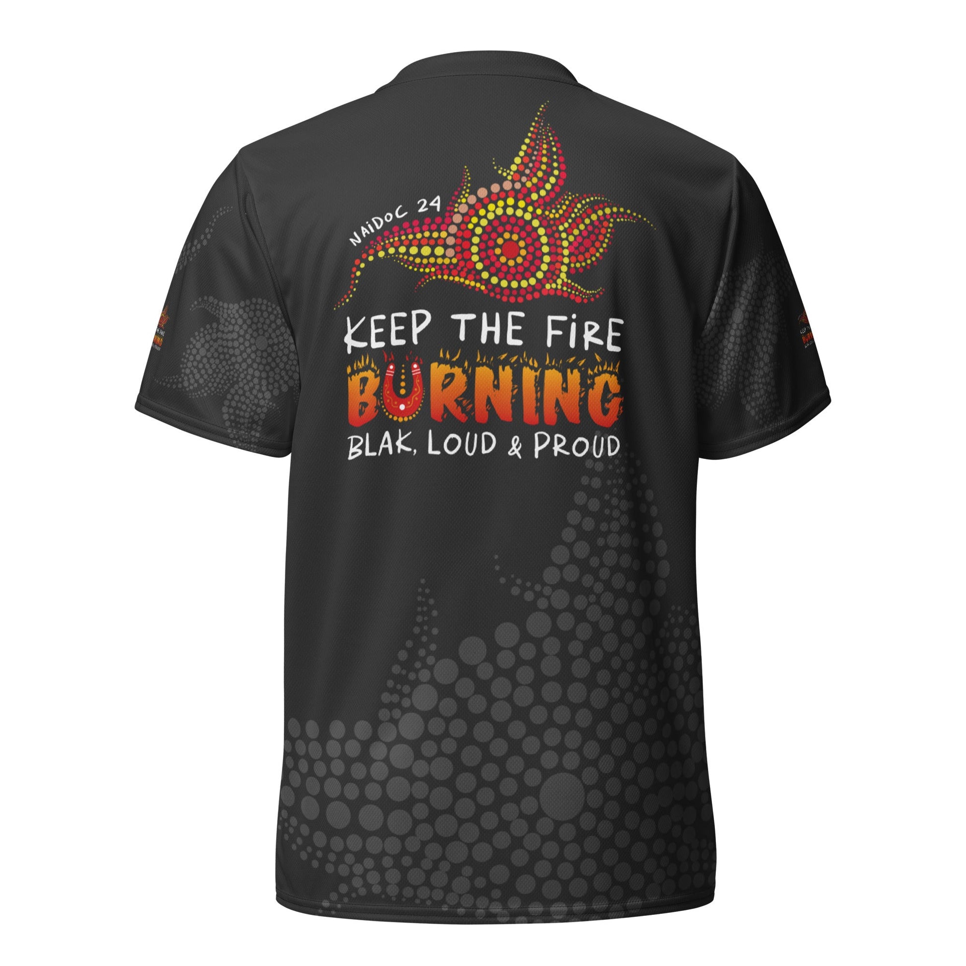 NAIDOC 2024 - Keep The Fire Burning Range 2 Black Sports Jersey - Aboriginal Art by Lani